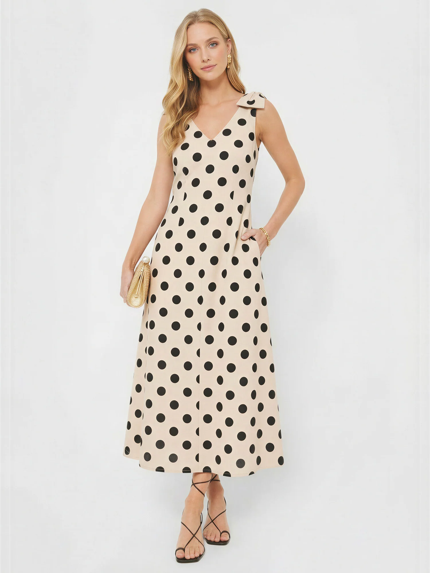 Polka Dot V-Neck Bow Shoulder A-Line Maxi Dress - Image 8