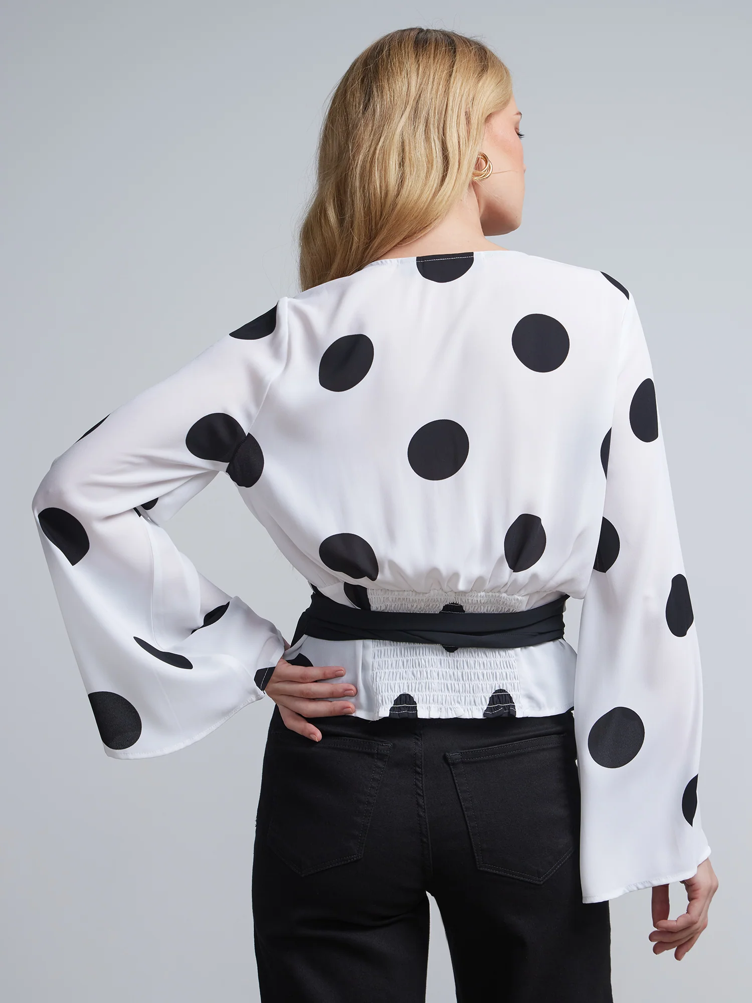 Polka-Dot Bell-Sleeve Tie-Waist Blouse - Image 3