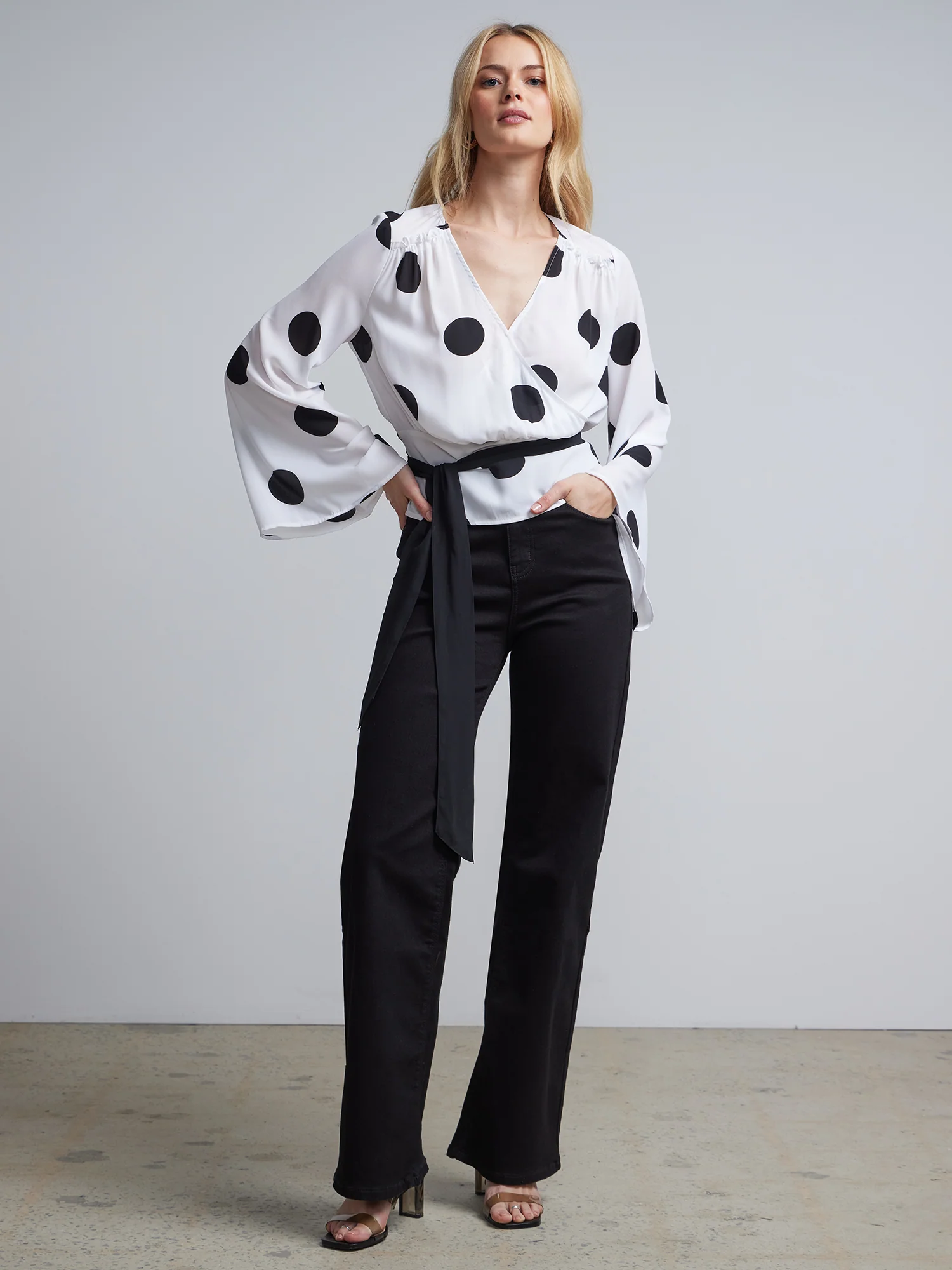 Polka-Dot Bell-Sleeve Tie-Waist Blouse - Image 4