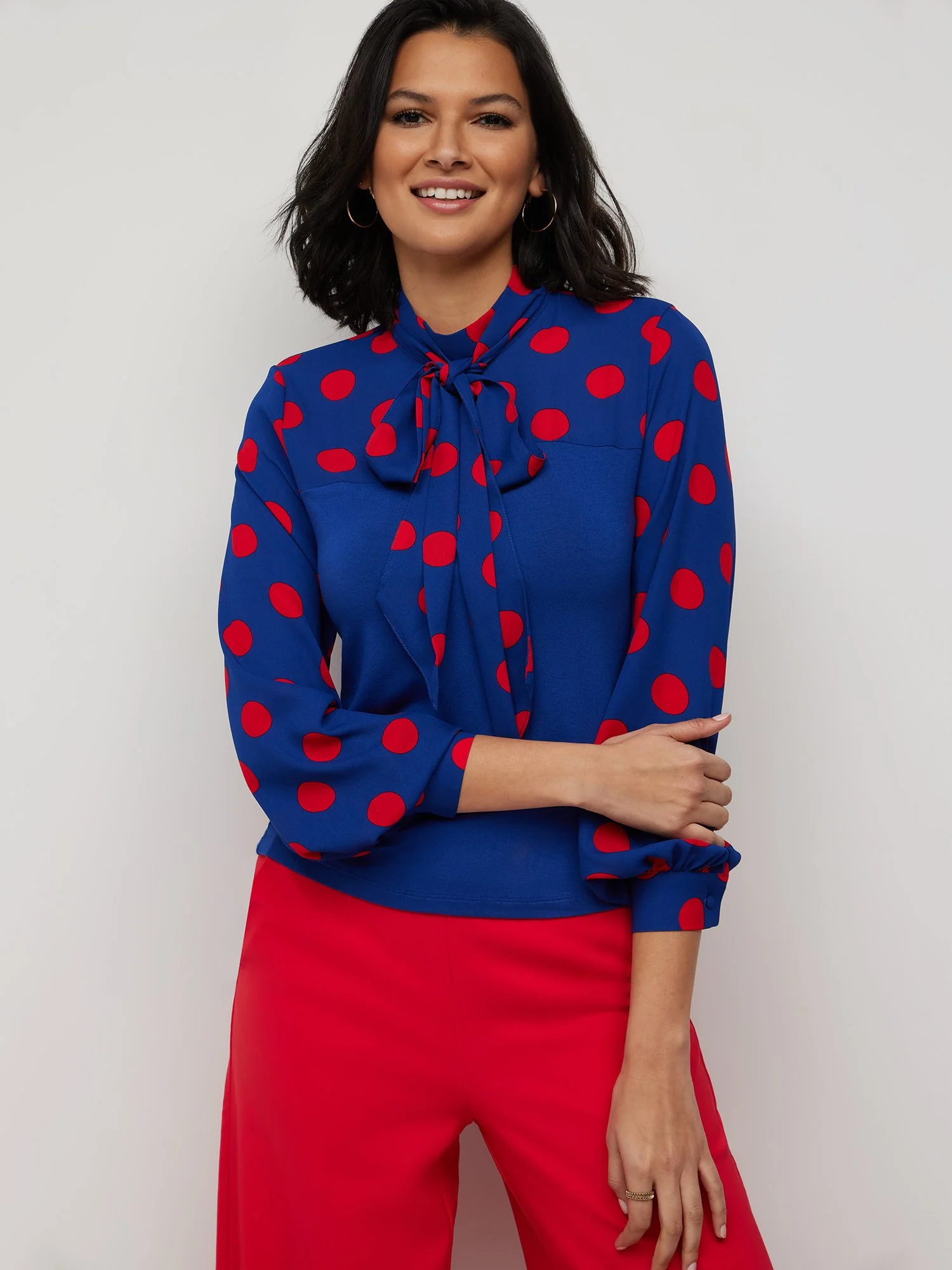 Polka-Dot Bow-Front Mixed Media Top
