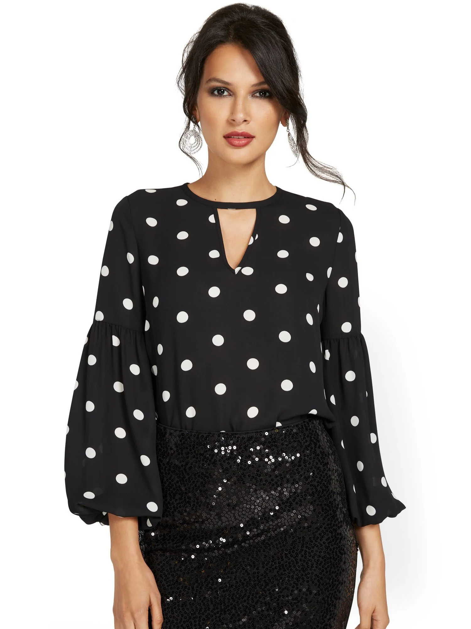 Polka-Dot Keyhole-Cutout Blouse