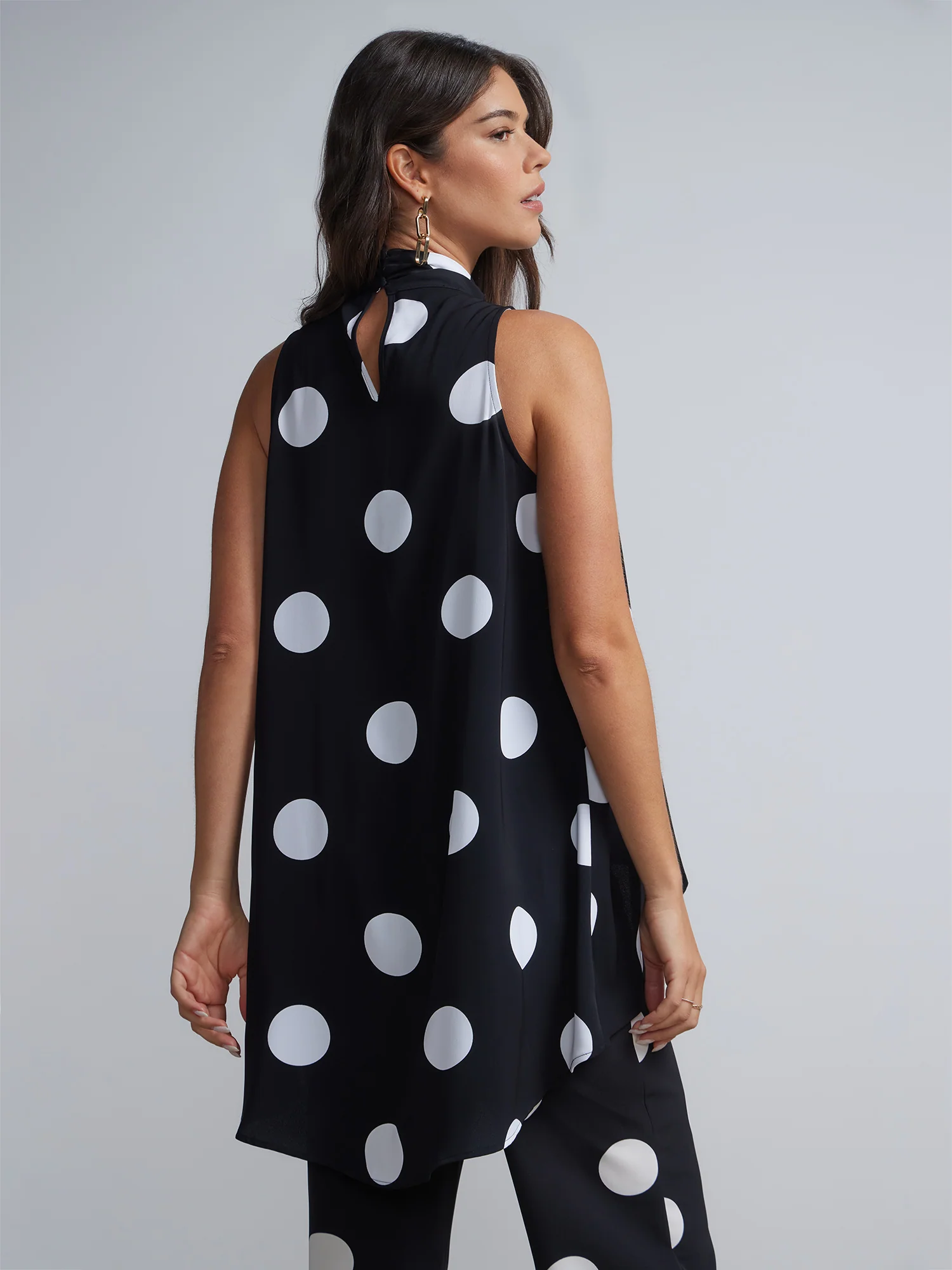 Polka-Dot Mock-Neck High-Low Blouse - Image 3