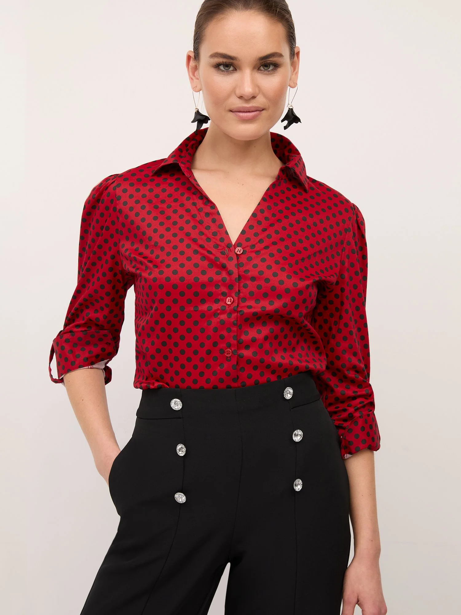 Polka-Dot Puff-Sleeve Button-Front Secret Snap - NY&C Madison Shirt® - Image 2