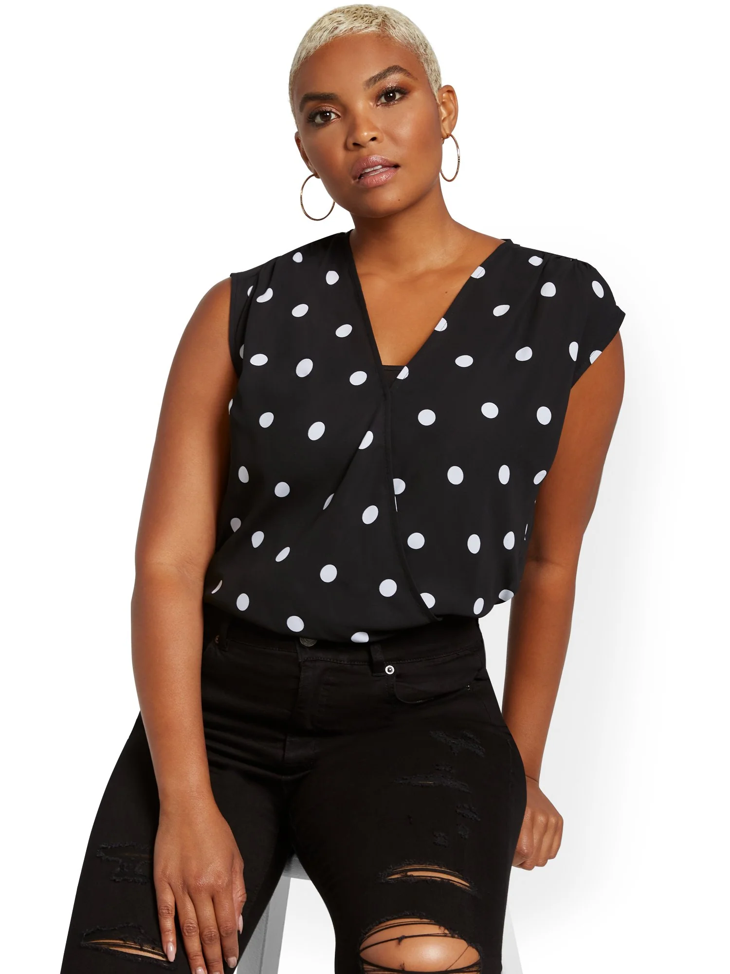 Polka Dot Shirred Surplice Top - Image 4