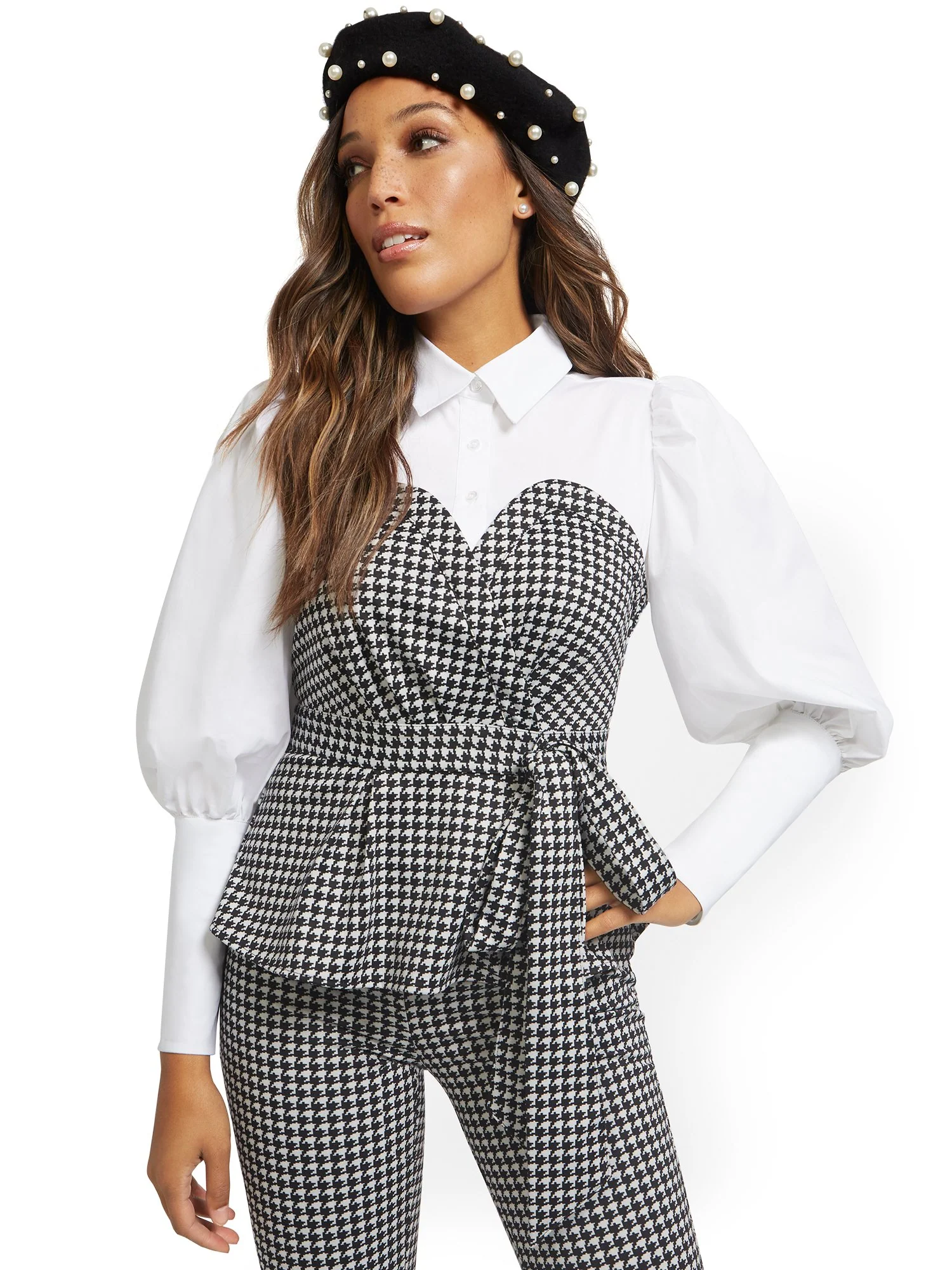 Poplin Houndstooth Twofer Top - Image 2