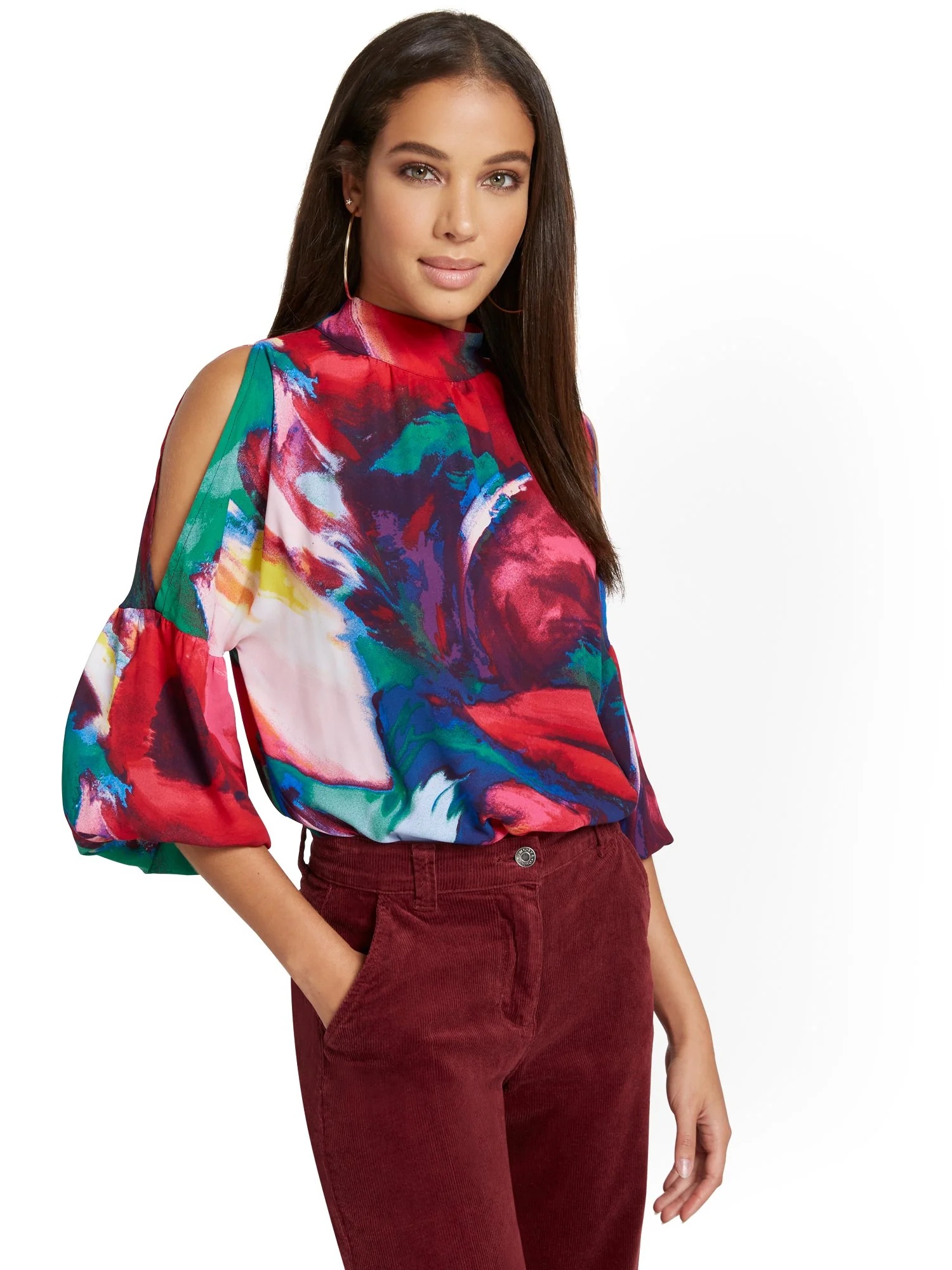 Printed Cold-Shoulder Balloon-Sleeve Blouse - Image 2