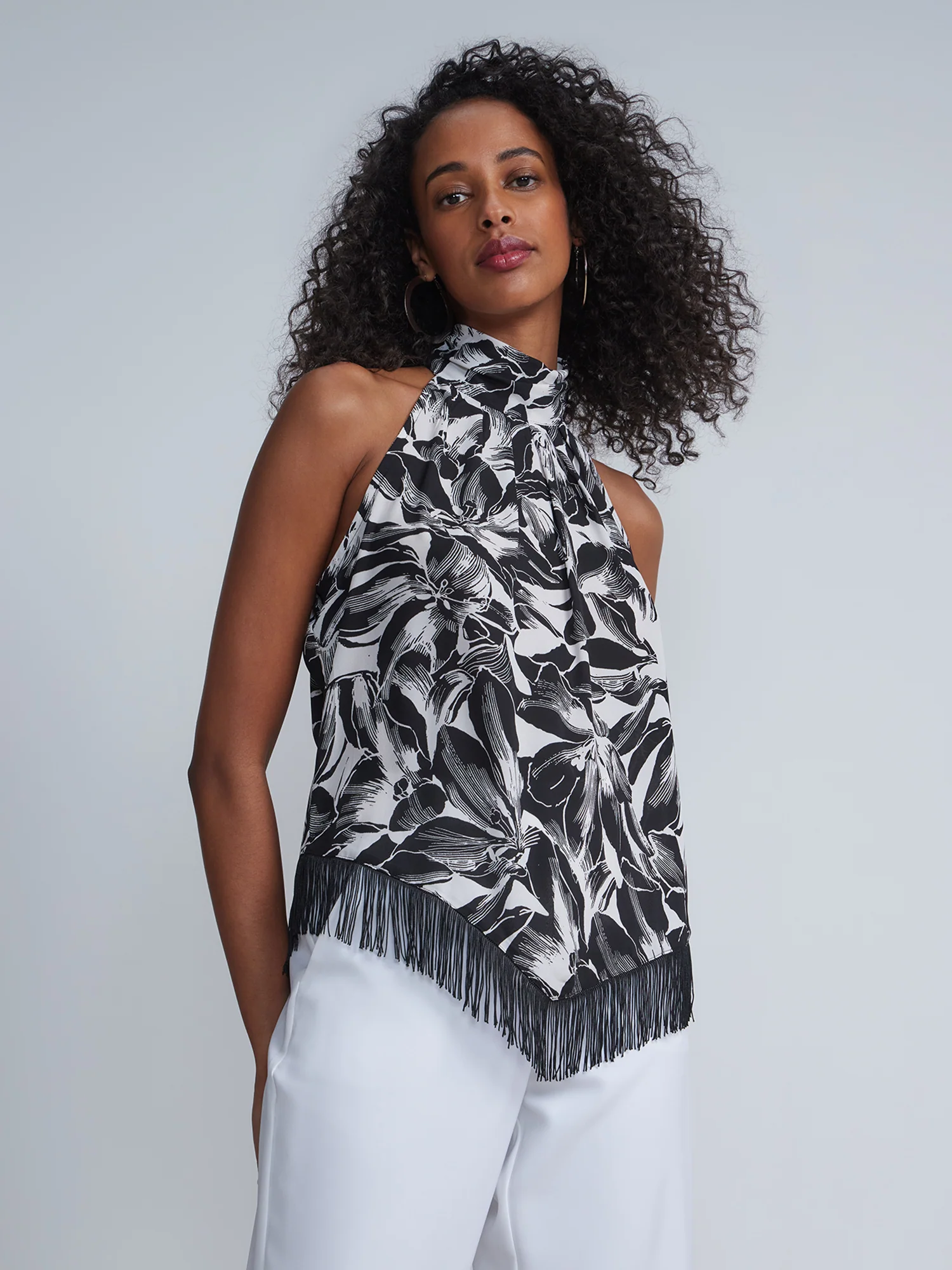 Printed Halter Neck Sleeveless Tassel Trim Top