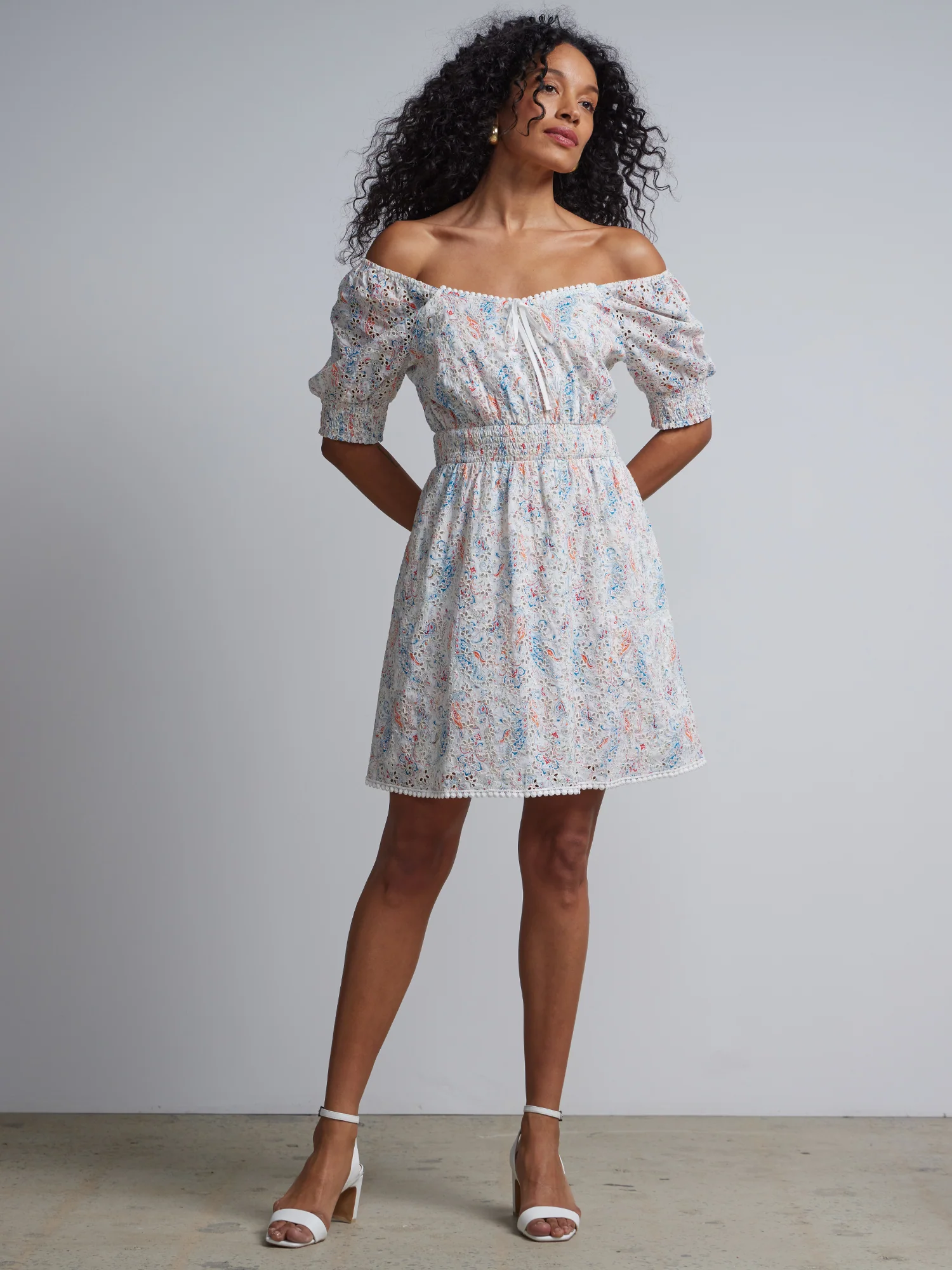 Printed Off-The-Shoulder Puff-Sleeve Shift Dress