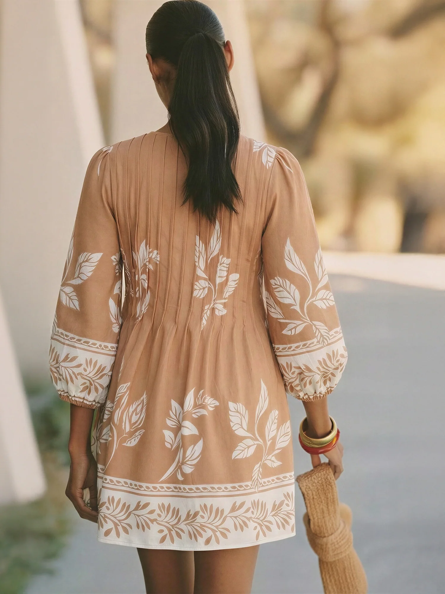 Printed Pleated Tie Front Woven Mini Dress - Image 3