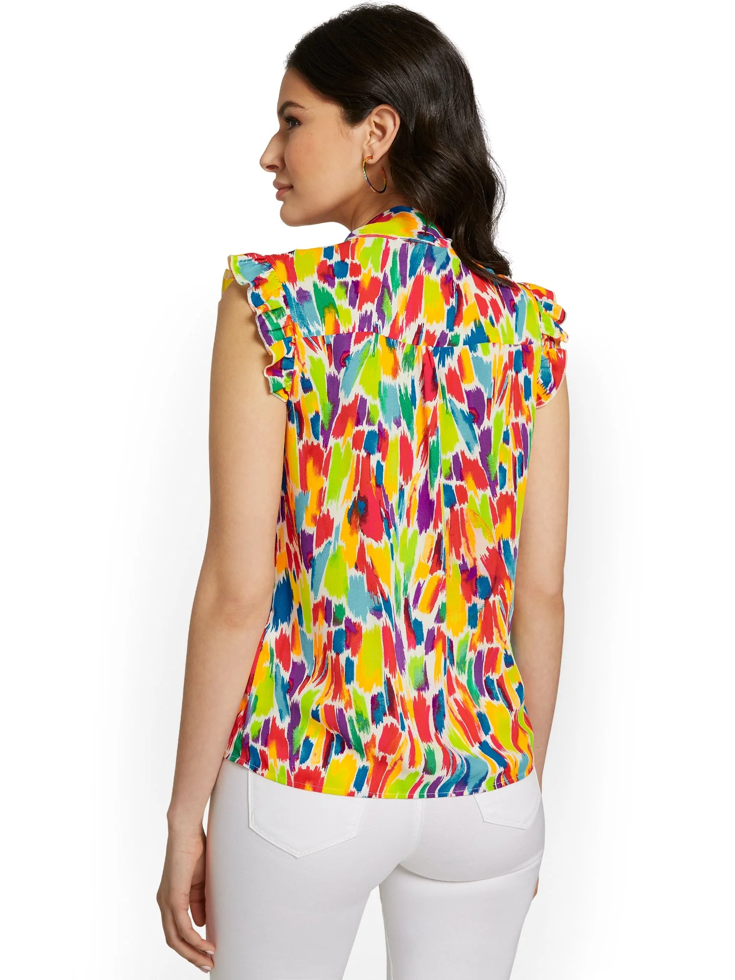 Printed Ruffle-Sleeve Bow-Neck Top - Image 3