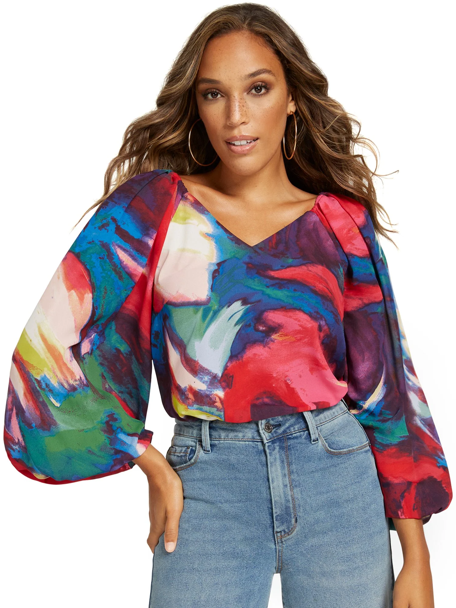 Printed Volume-Sleeve V-Neck Top