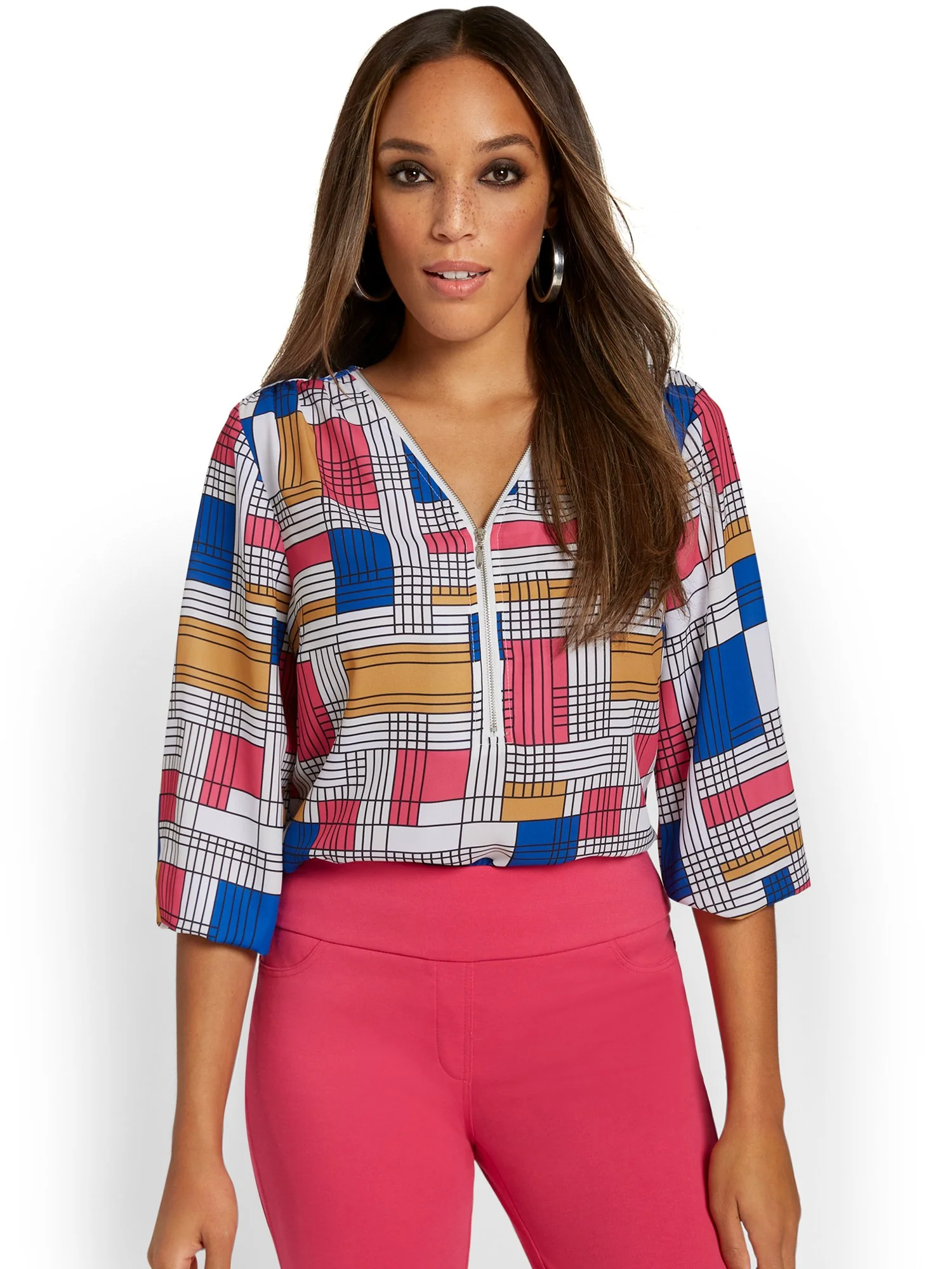 Printed Zip-Front Blouse - Image 6
