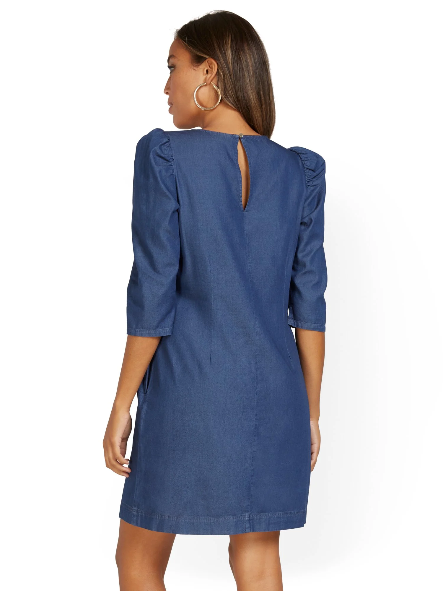Puff-Shoulder Denim Shift Dress - Image 6
