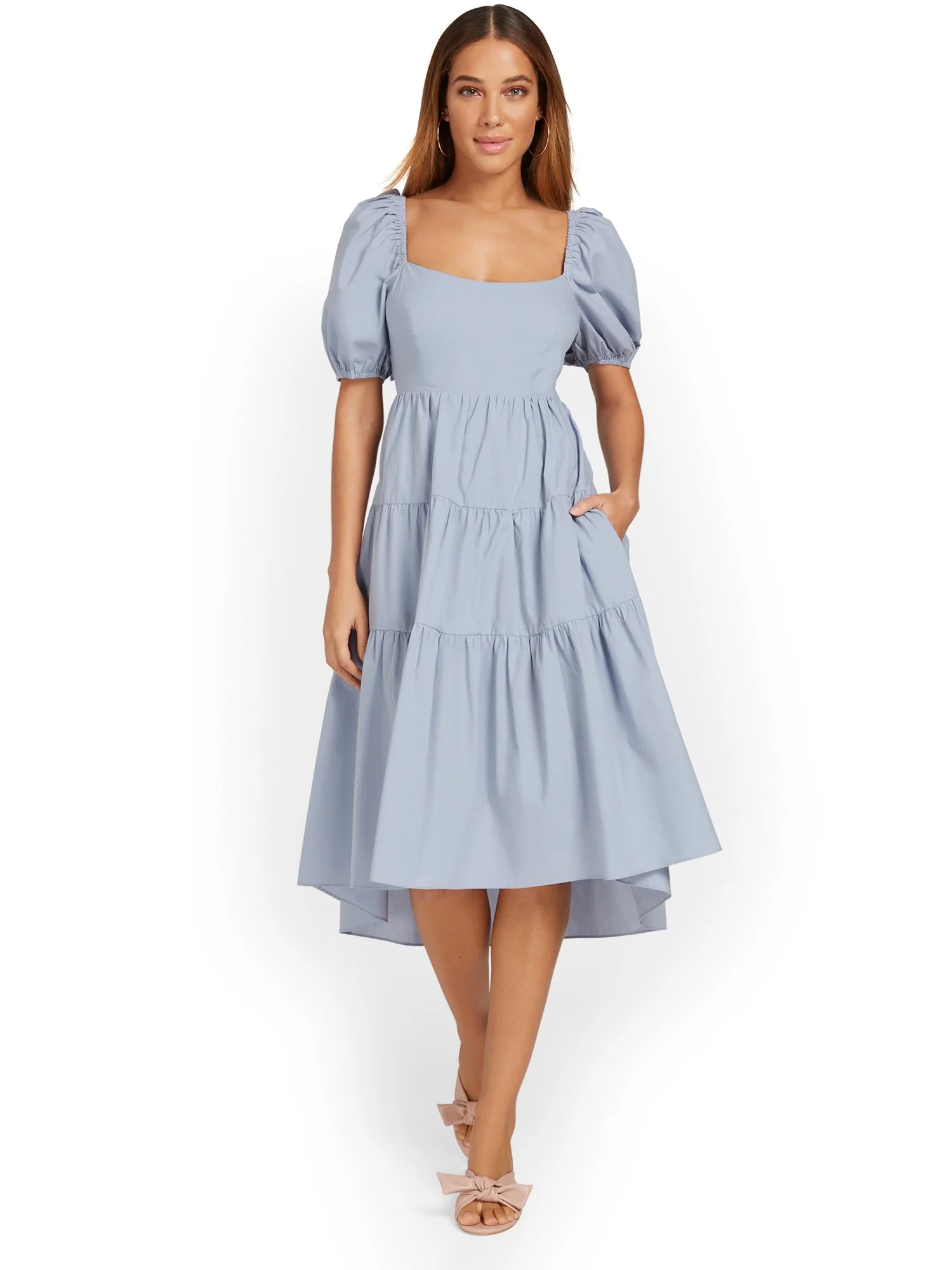 Puff-Sleeve Bow-Back Poplin Midi Dress - Mustard Seed - Image 6