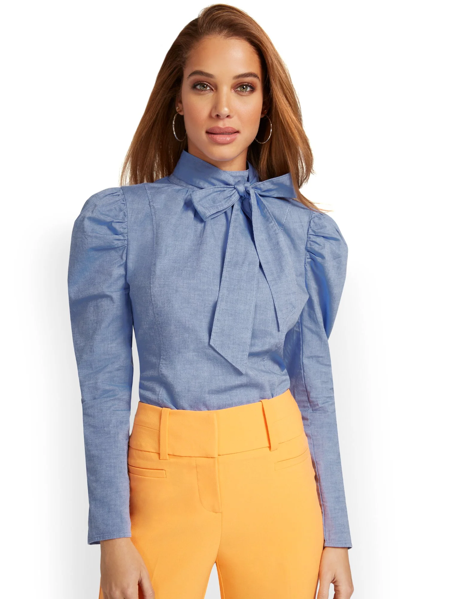 Puff-Sleeve Bow-Neck Chambray Top - Image 2