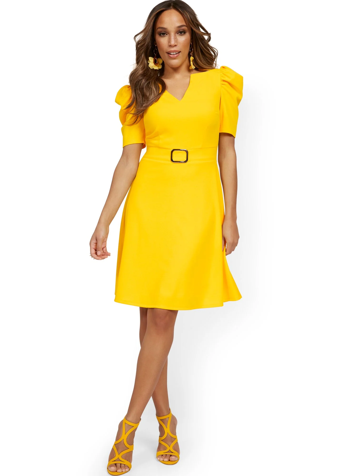Puff-Sleeve Buckle Flare Dress - Magic Crepe® - Image 2