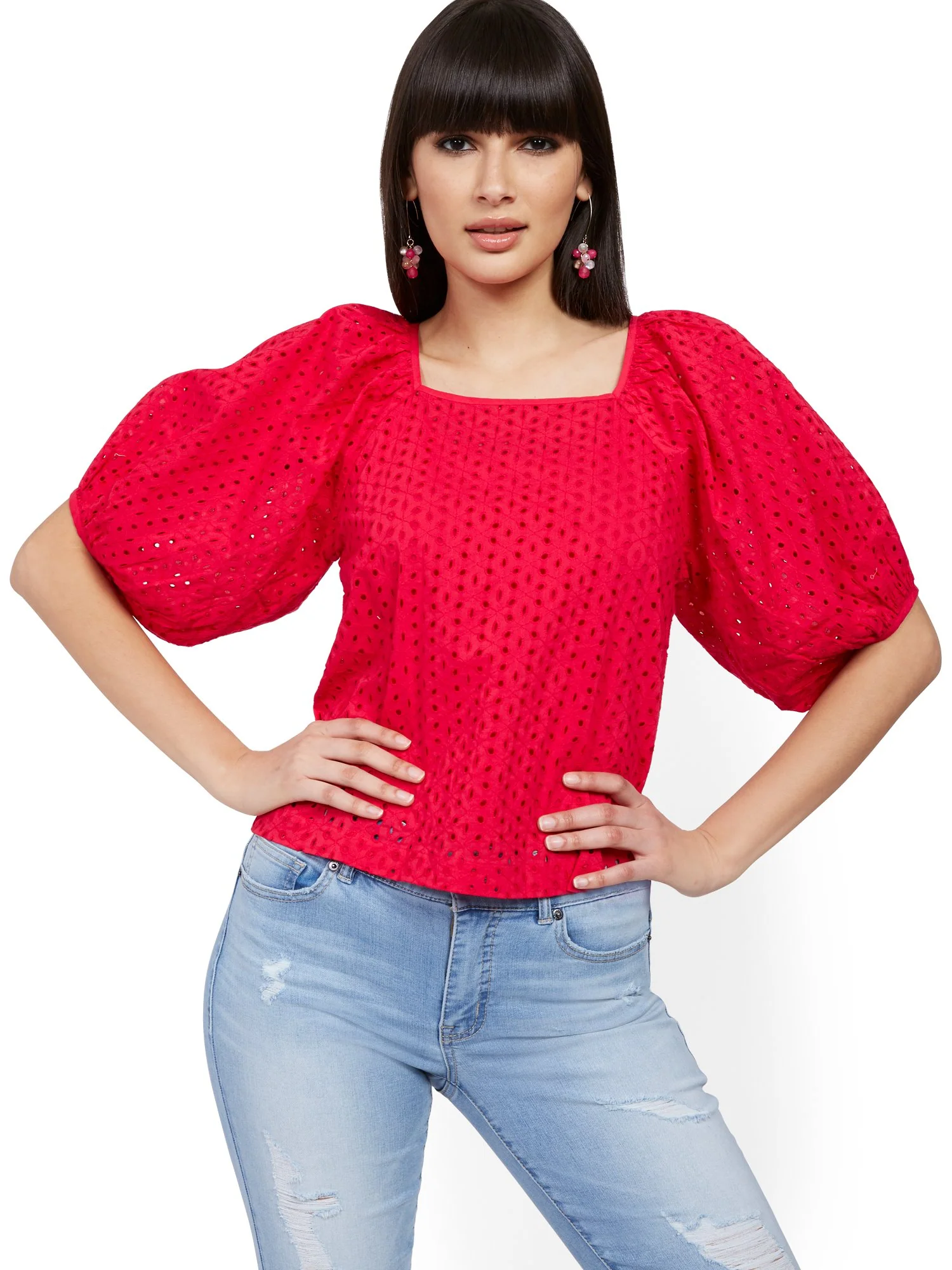 Puff-Sleeve Eyelet Top - Image 2
