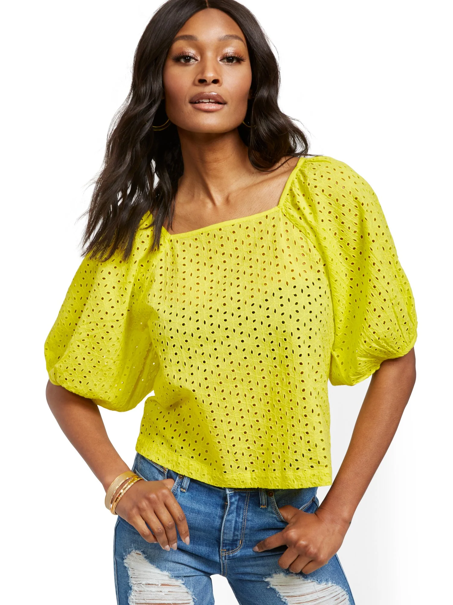Puff-Sleeve Eyelet Top - Image 4