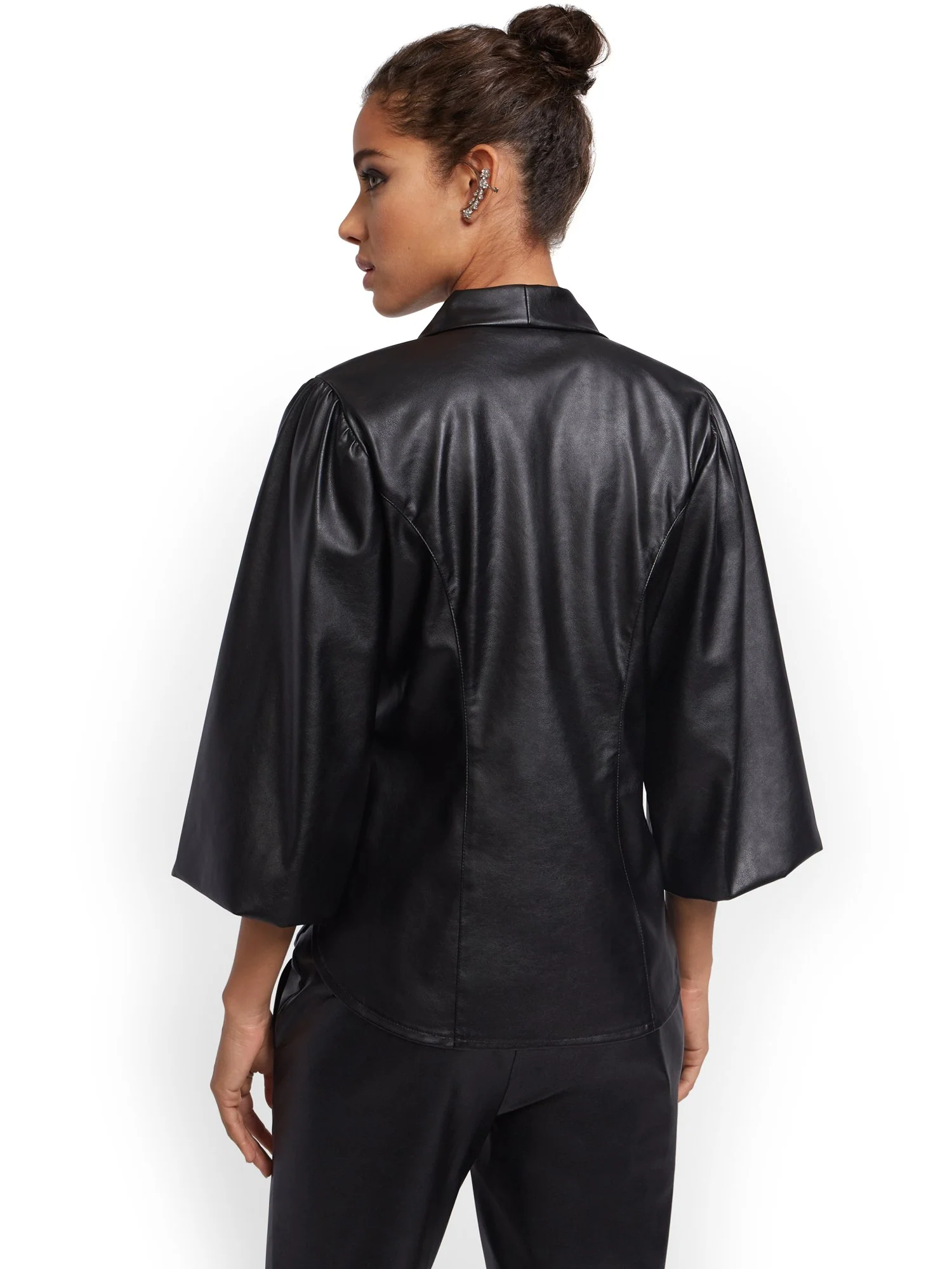 Puff-Sleeve Faux Leather Bow Top - Image 3