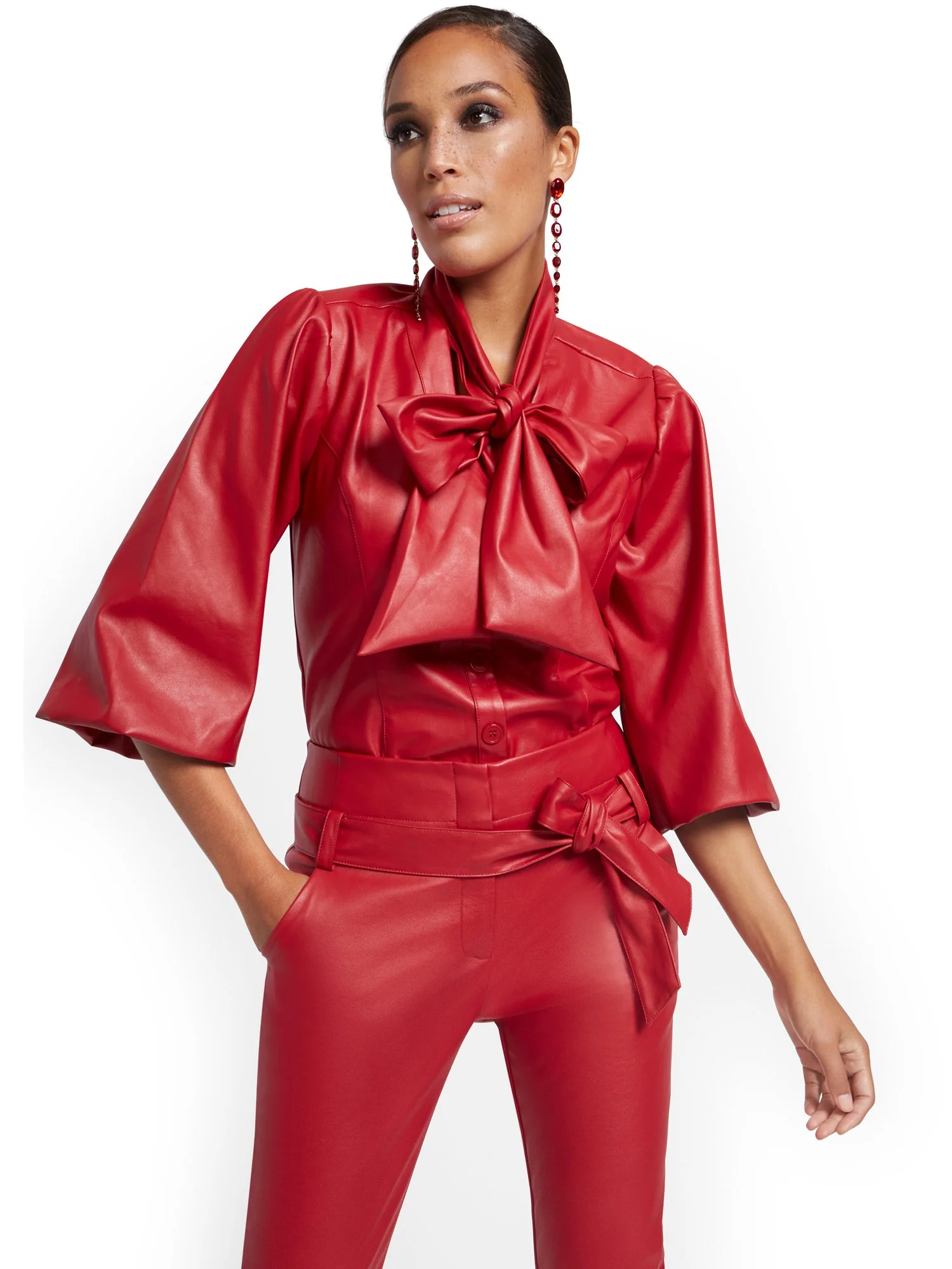 Puff-Sleeve Faux Leather Bow Top - Image 5