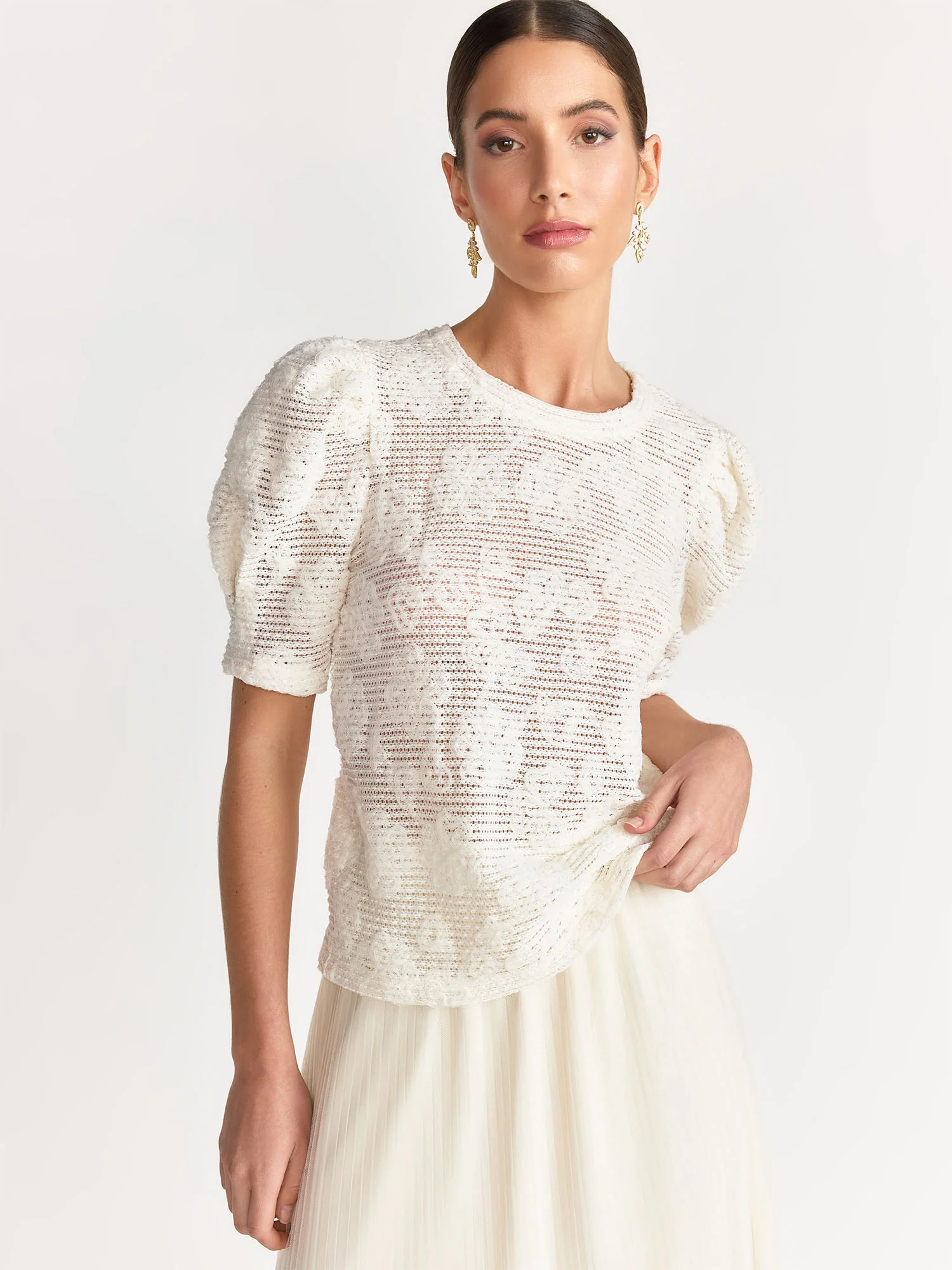 English Factory Puff-Sleeve Open Knit Woven Top - Brands We Love - Image 2