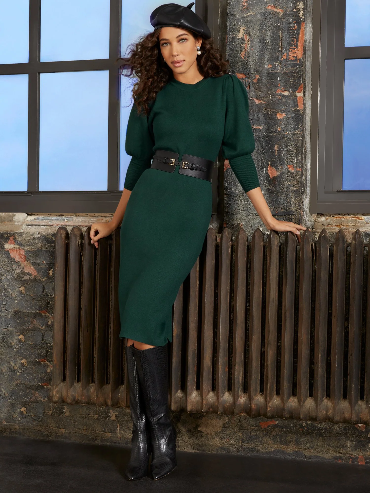 Puff-Sleeve Sweater Dress