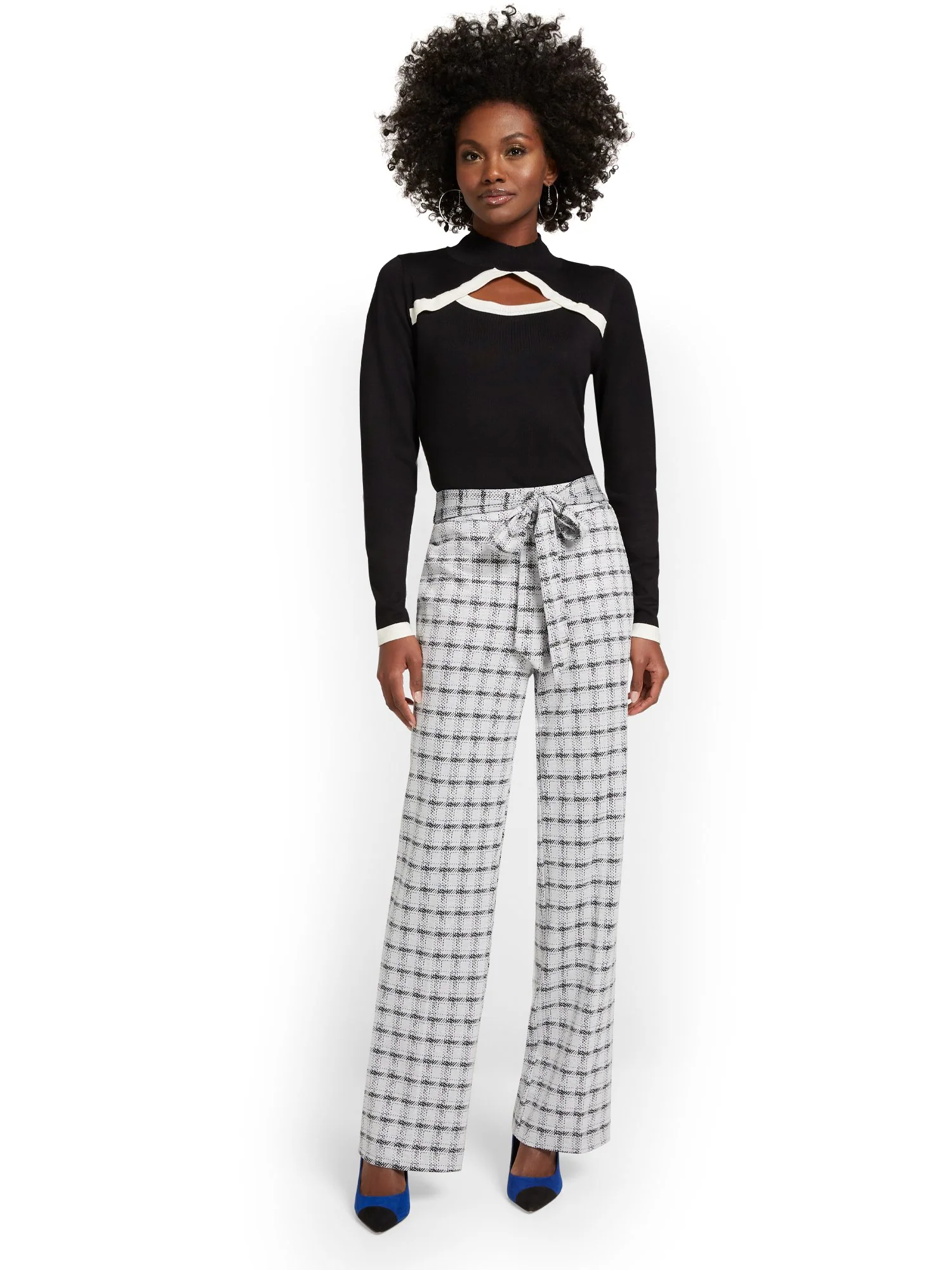 Pull-On Check-Print Tie-Waist Palazzo Ponte Pant - Superflex - Image 5