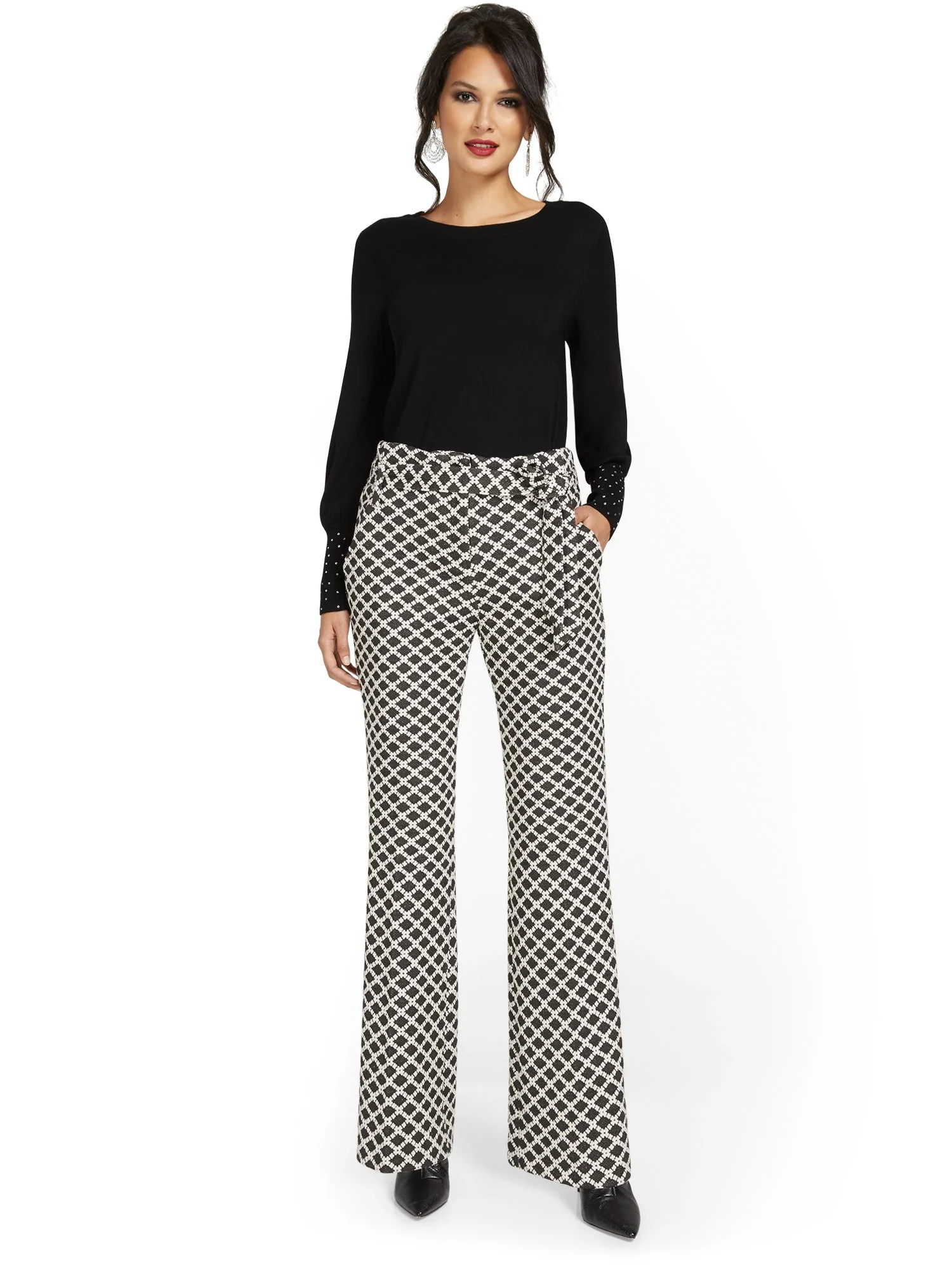 Pull-On Diamond-Print Tie-Waist Straight-Leg Ponte Pant - Superflex - Image 4