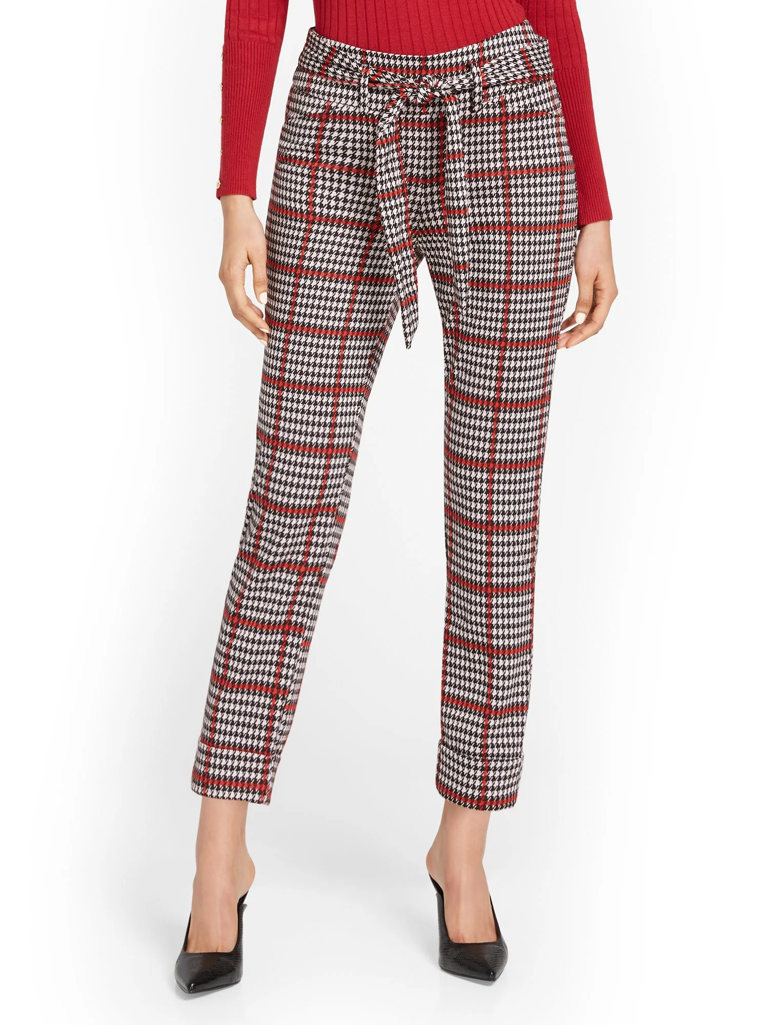 Pull-On Plaid Belted Straight-Leg Ankle Ponte Pant - Superflex