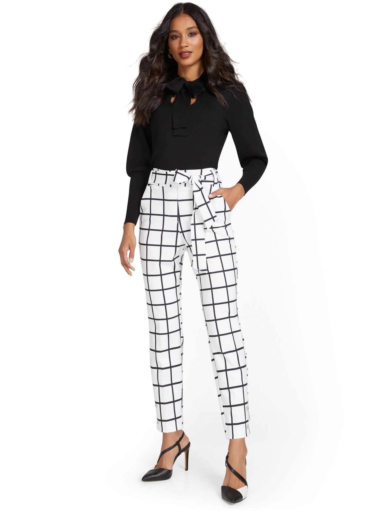 Pull-On Windowpane-Print Belted Ankle Ponte Pant - Superflex - Image 5