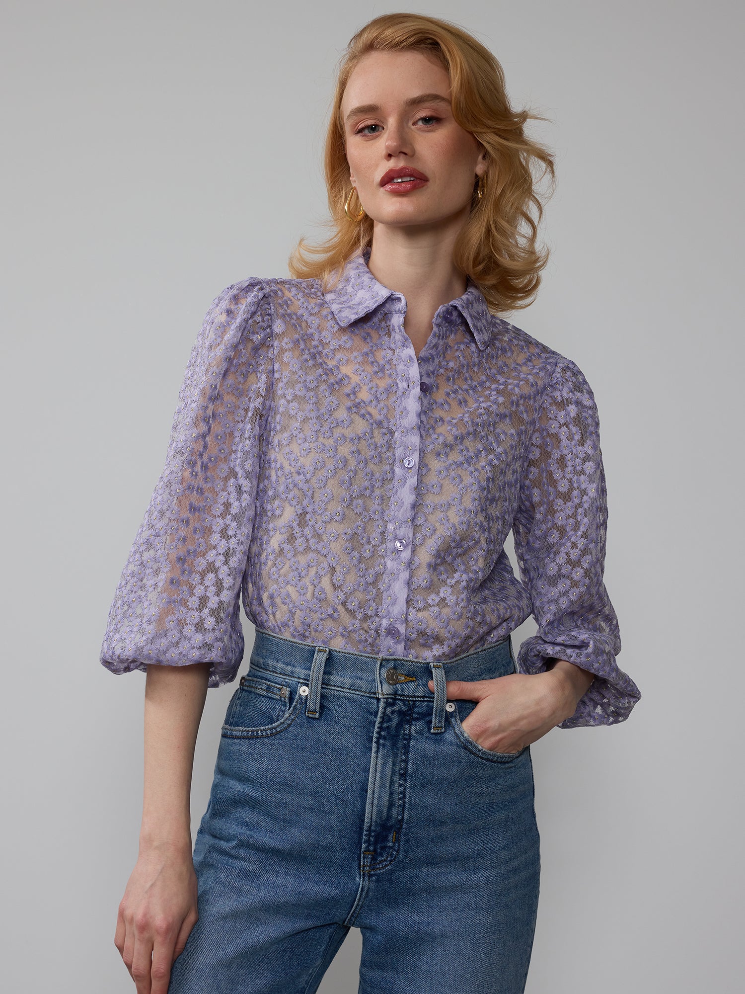Balloon Sleeve Embroidered Button Down Top
