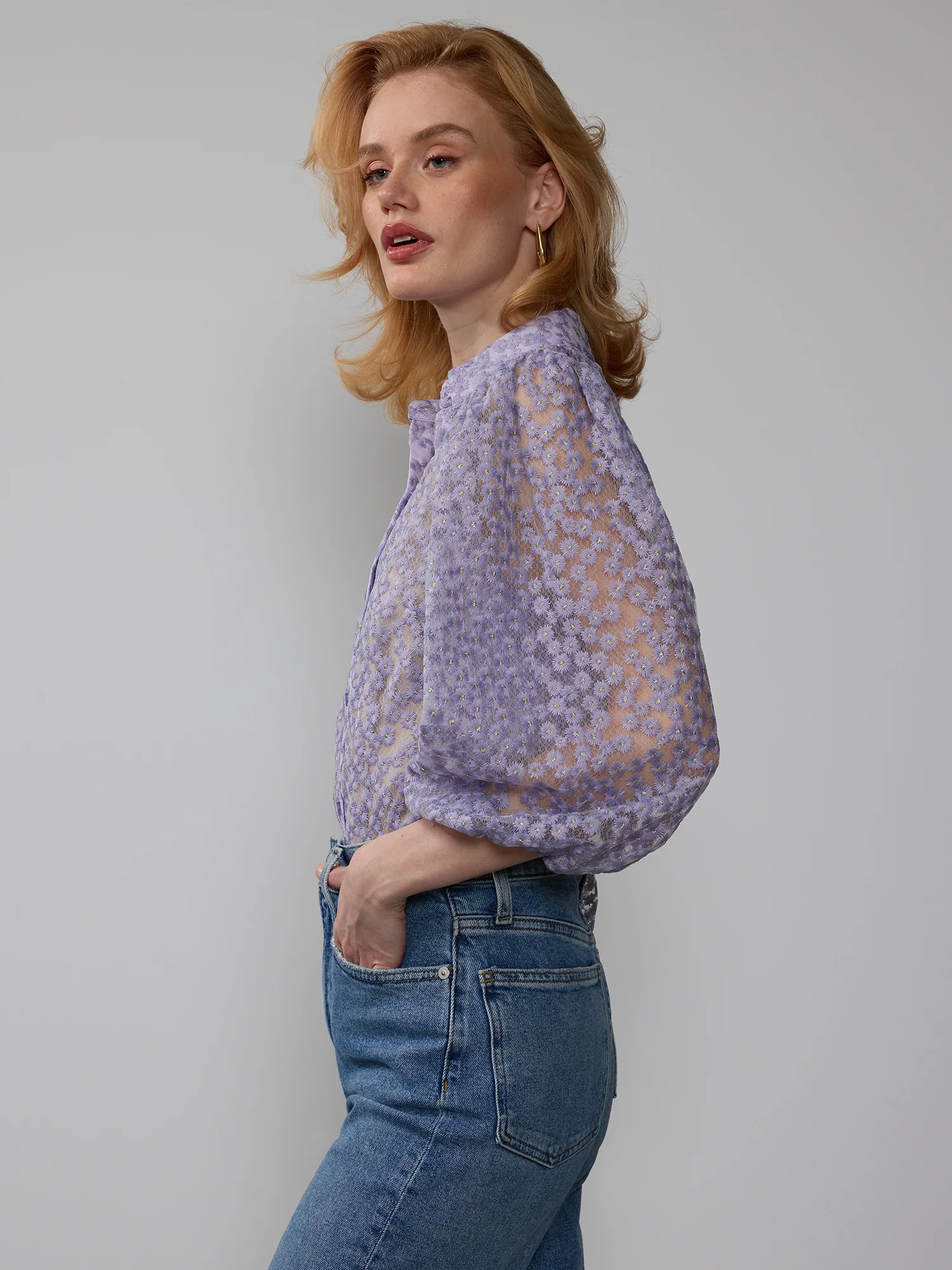 Balloon Sleeve Embroidered Button Down Top - Image 2