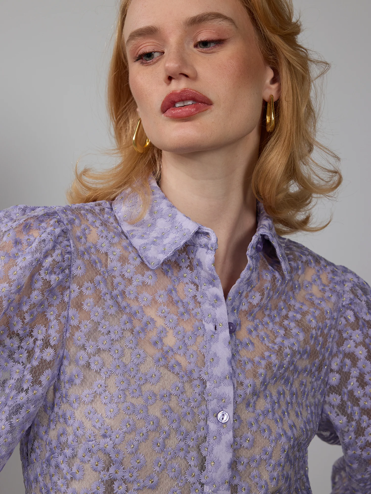 Balloon Sleeve Embroidered Button Down Top - Image 4