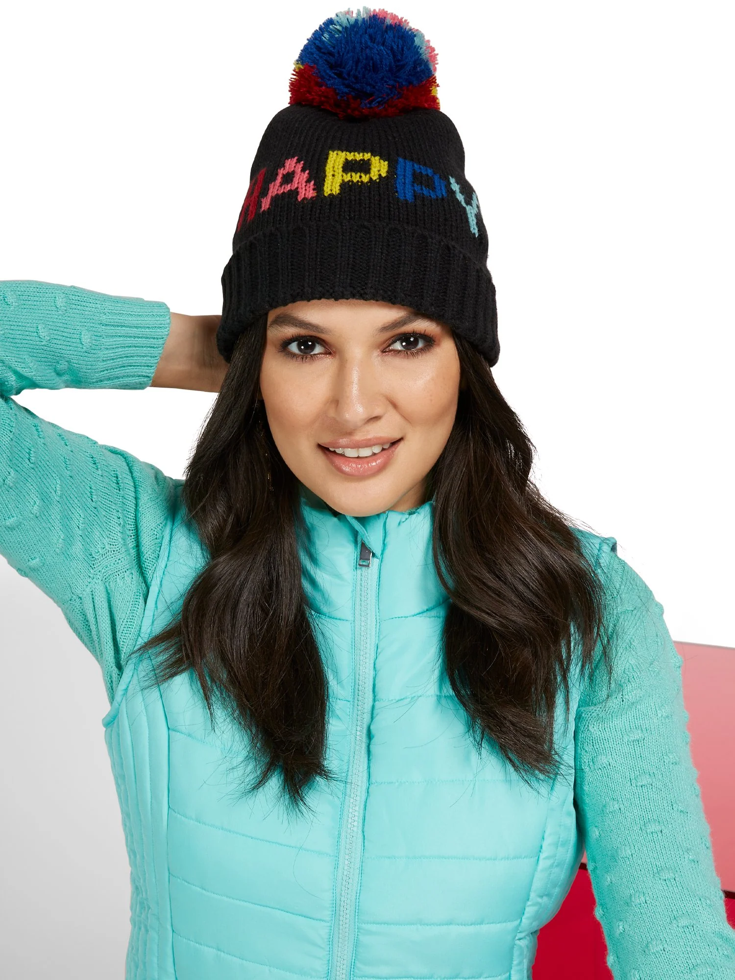 Rainbow-Print Happy Pom-Pom Knit Hat - Image 2