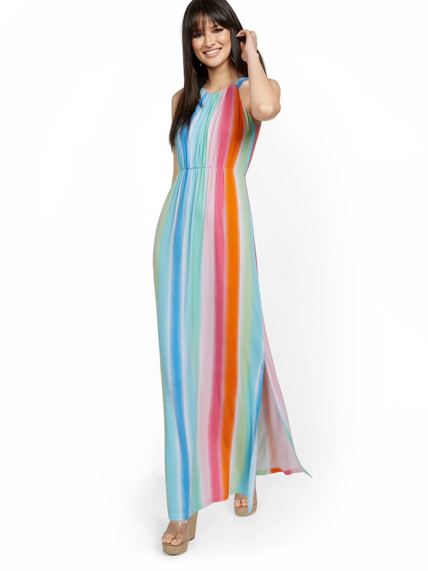 Rainbow Stripe Halter Maxi Dress