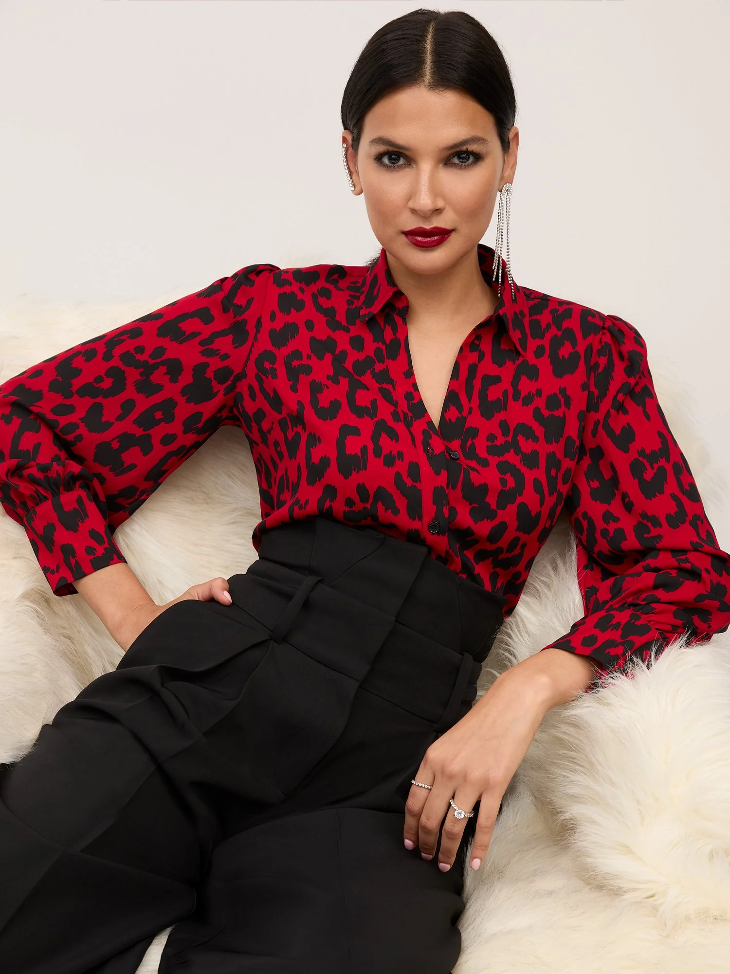 Red Leopard-Print Button-Front Blouse