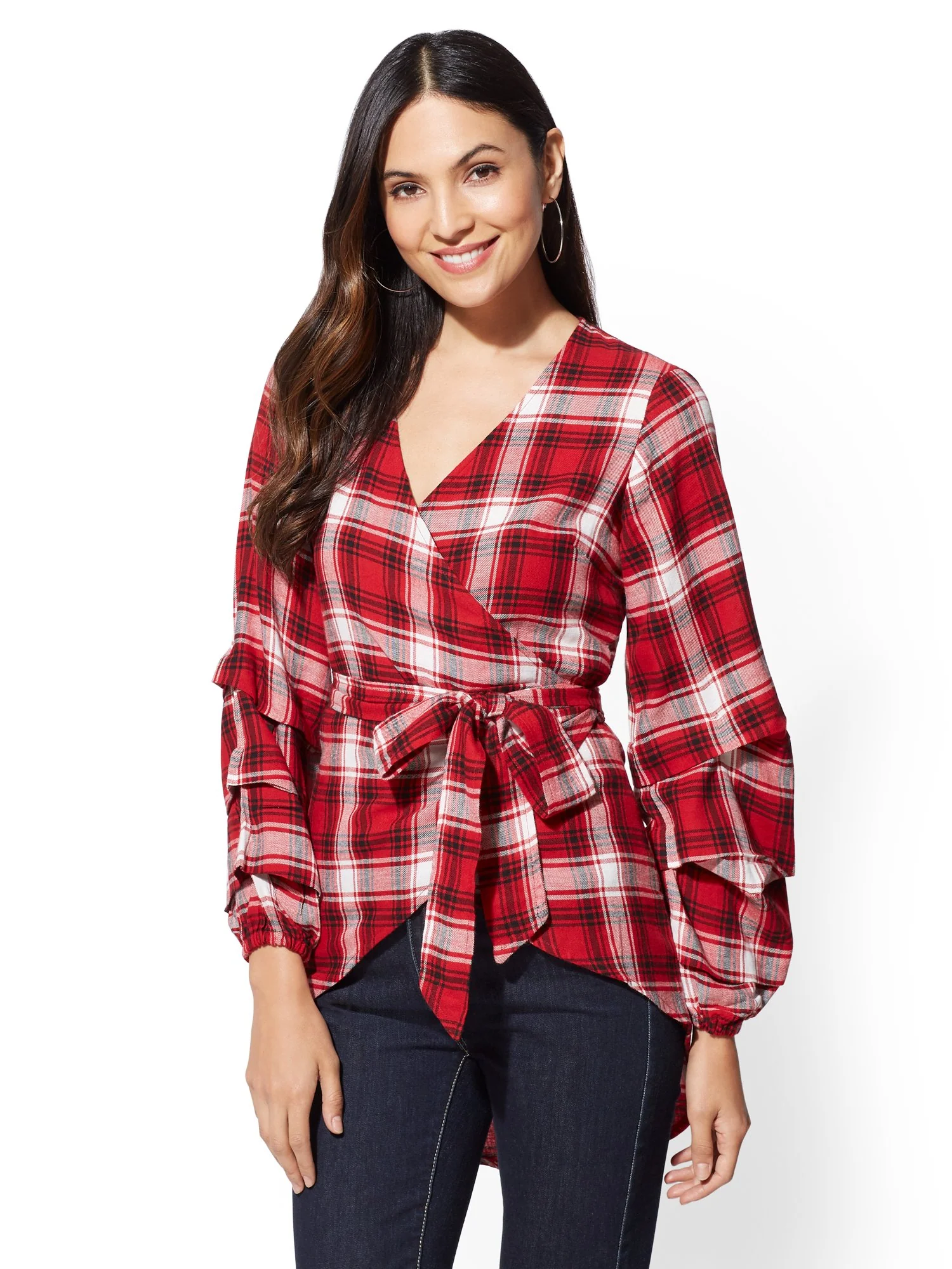 Red Plaid Hi-Lo Wrap Shirt - Image 2