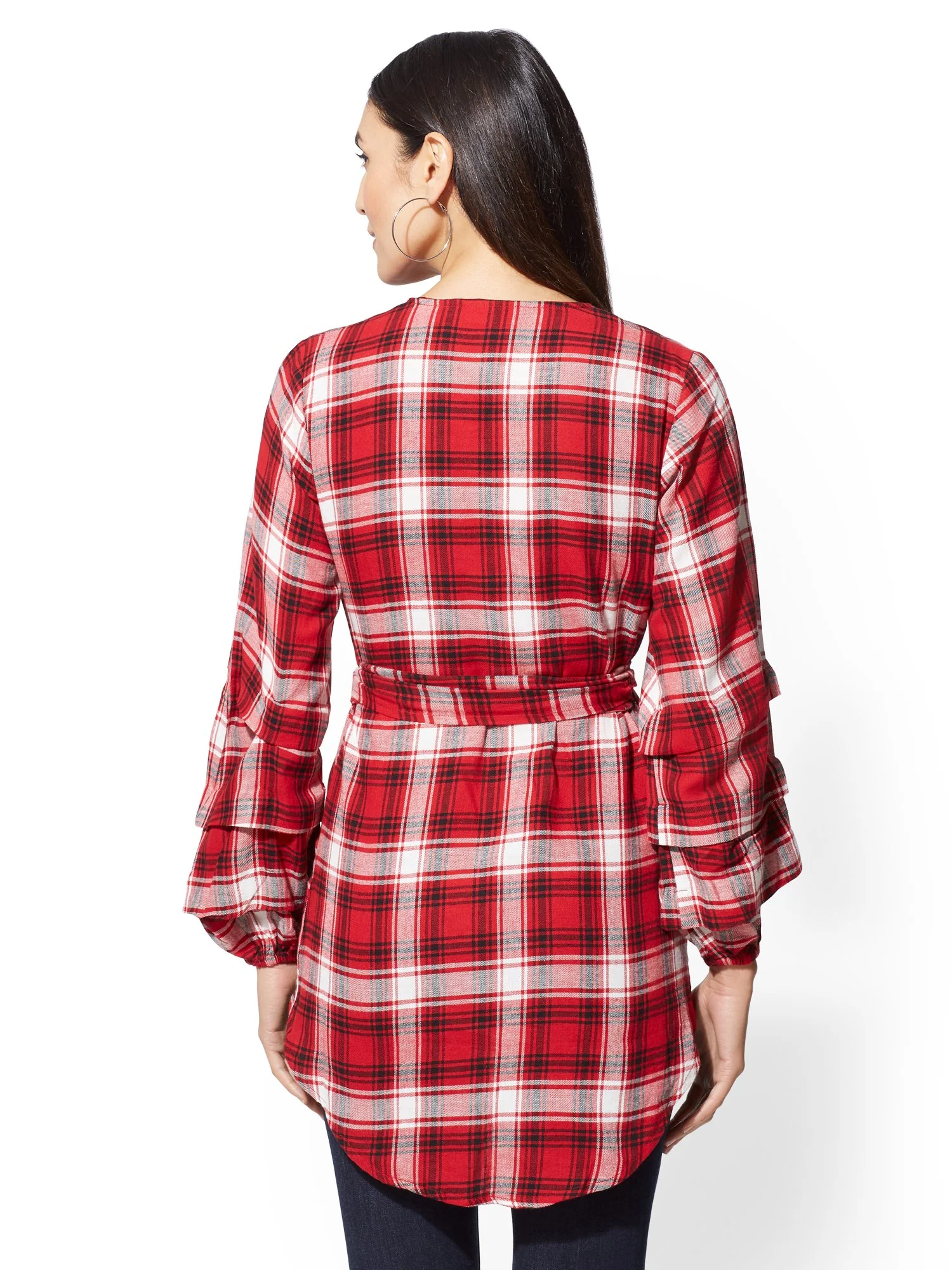Red Plaid Hi-Lo Wrap Shirt - Image 3