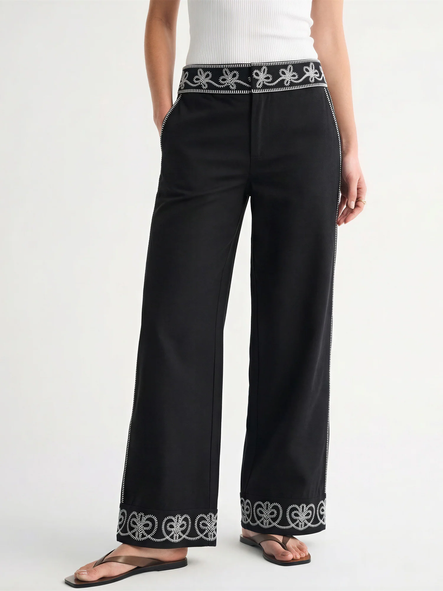 Remi Waistband Embroidery Wide Leg Pants - Image 3