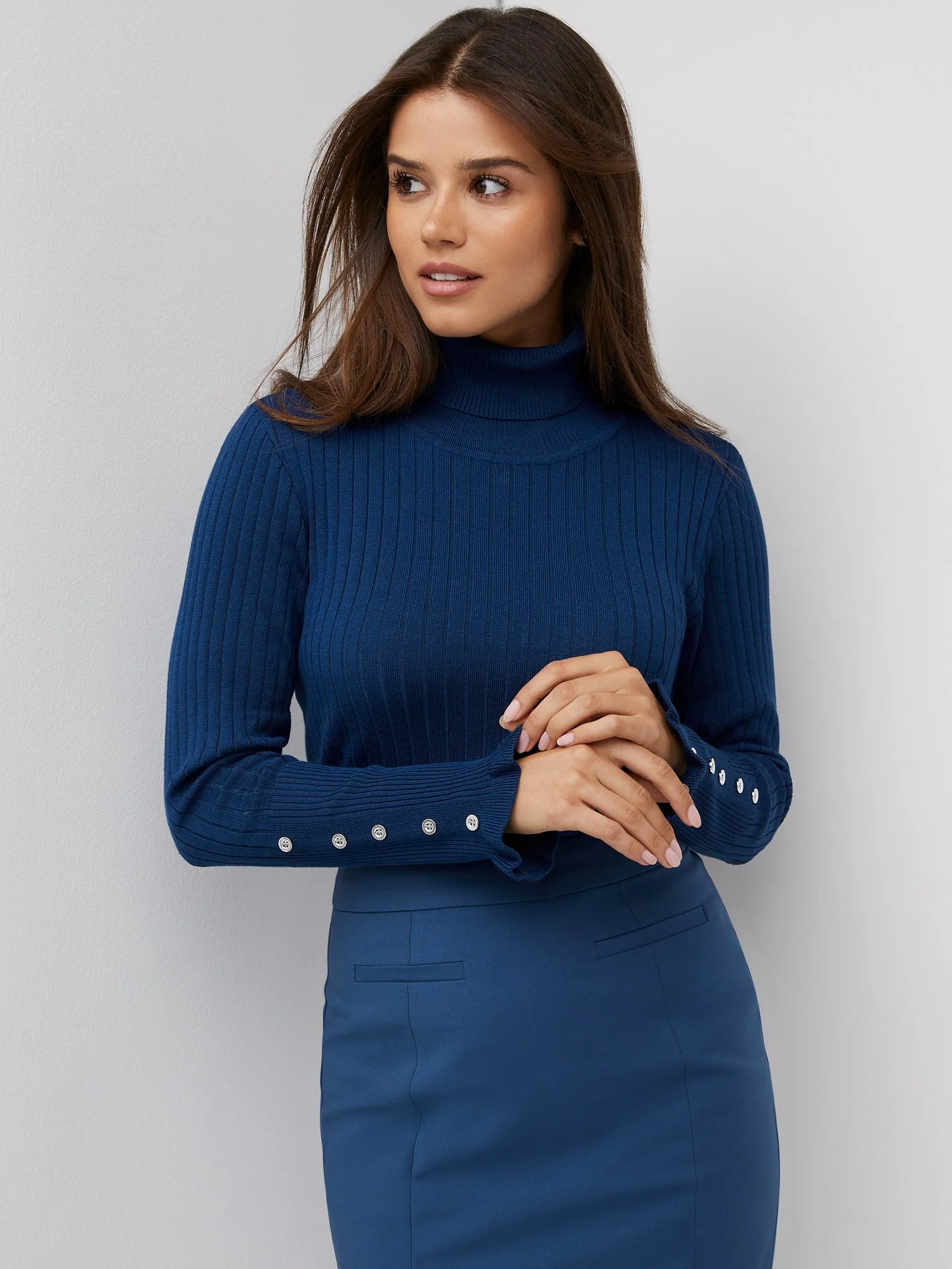 Ribbed Button-Sleeve Turtleneck Sweater - Image 10