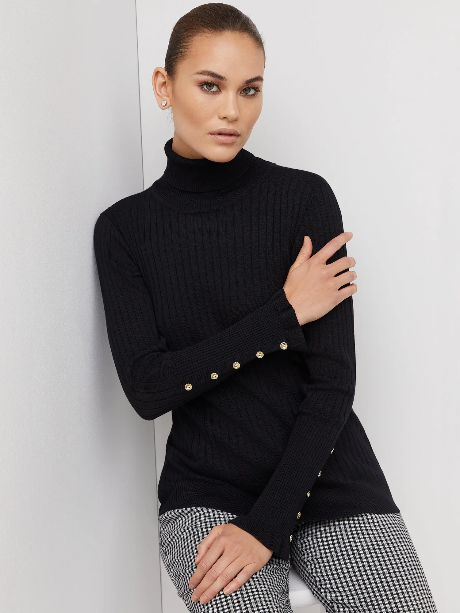 Ribbed Button-Sleeve Turtleneck Sweater - Image 2