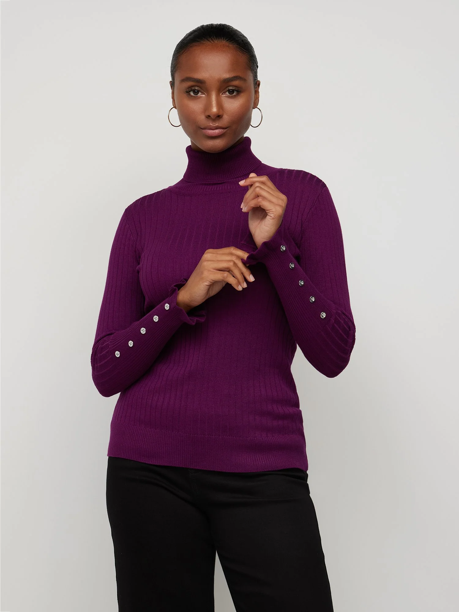 Ribbed Button-Sleeve Turtleneck Sweater - Image 27