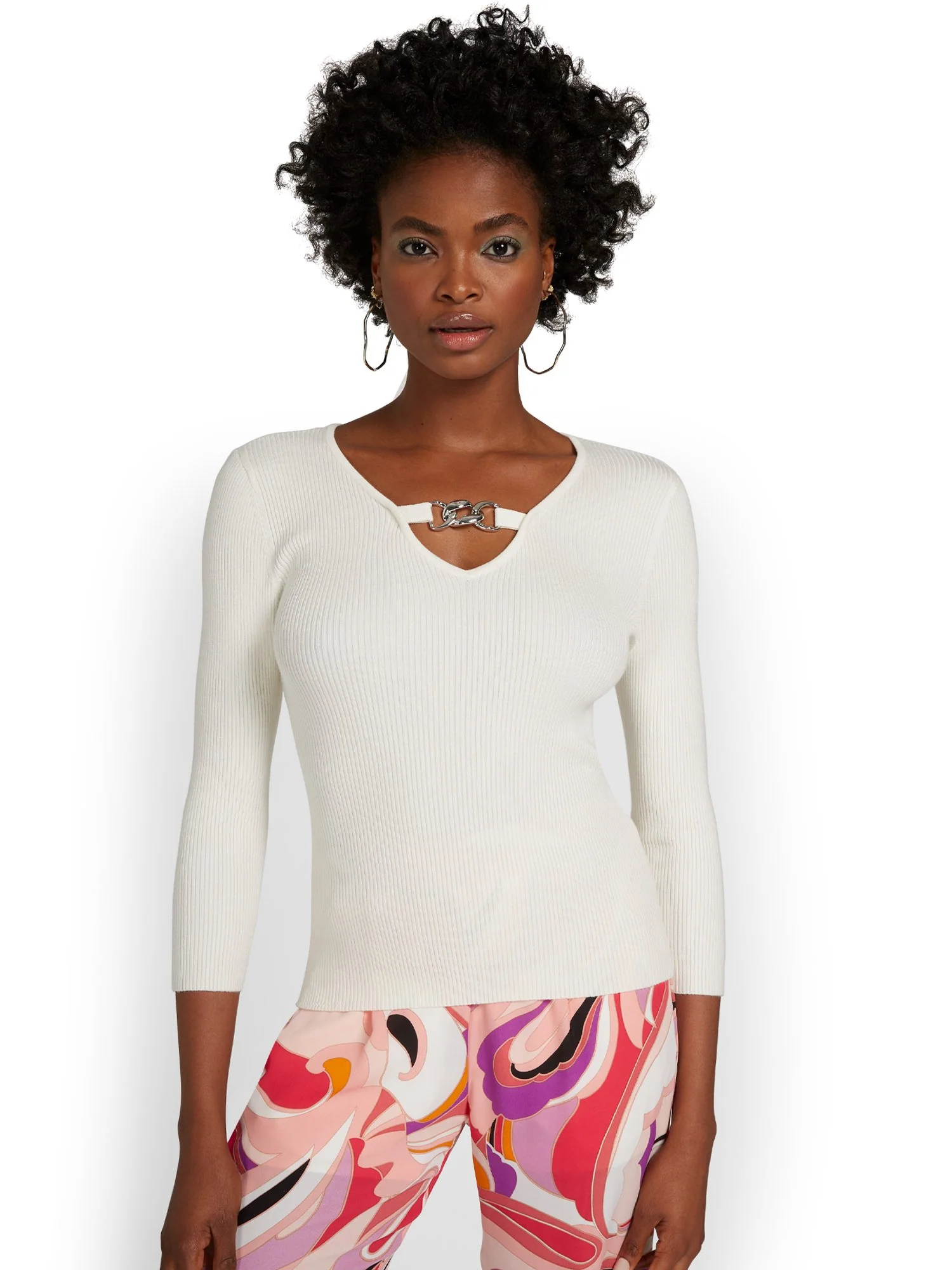 Ribbed Chain-Detail Pullover Sweater - Image 2