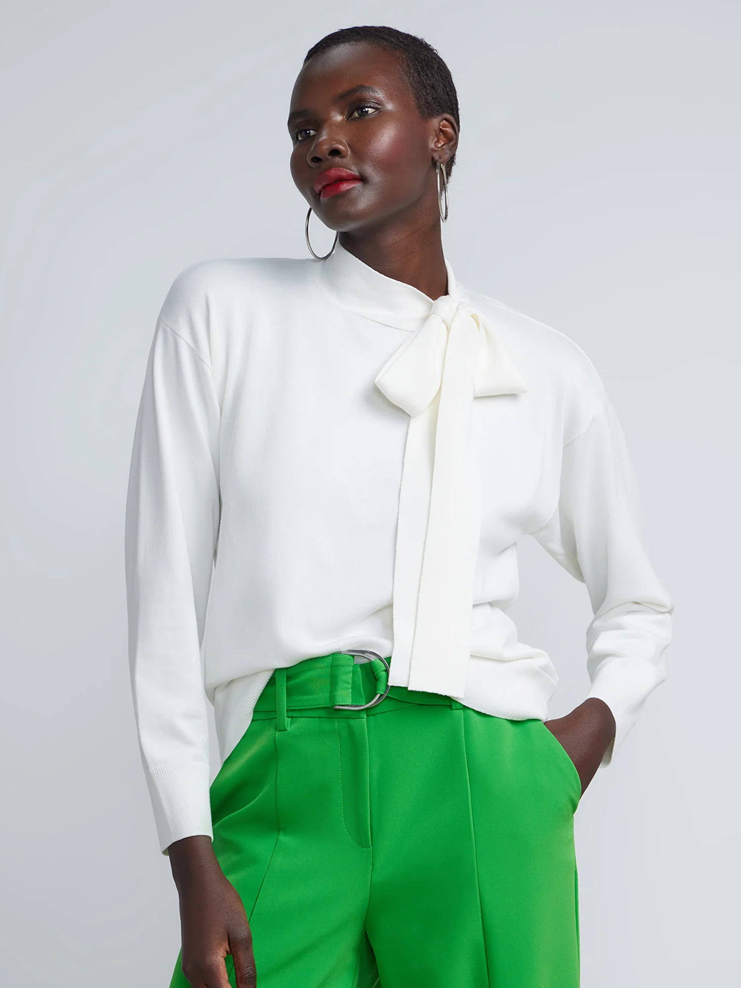 Ribbed Cuff Tie-Neck Pullover
