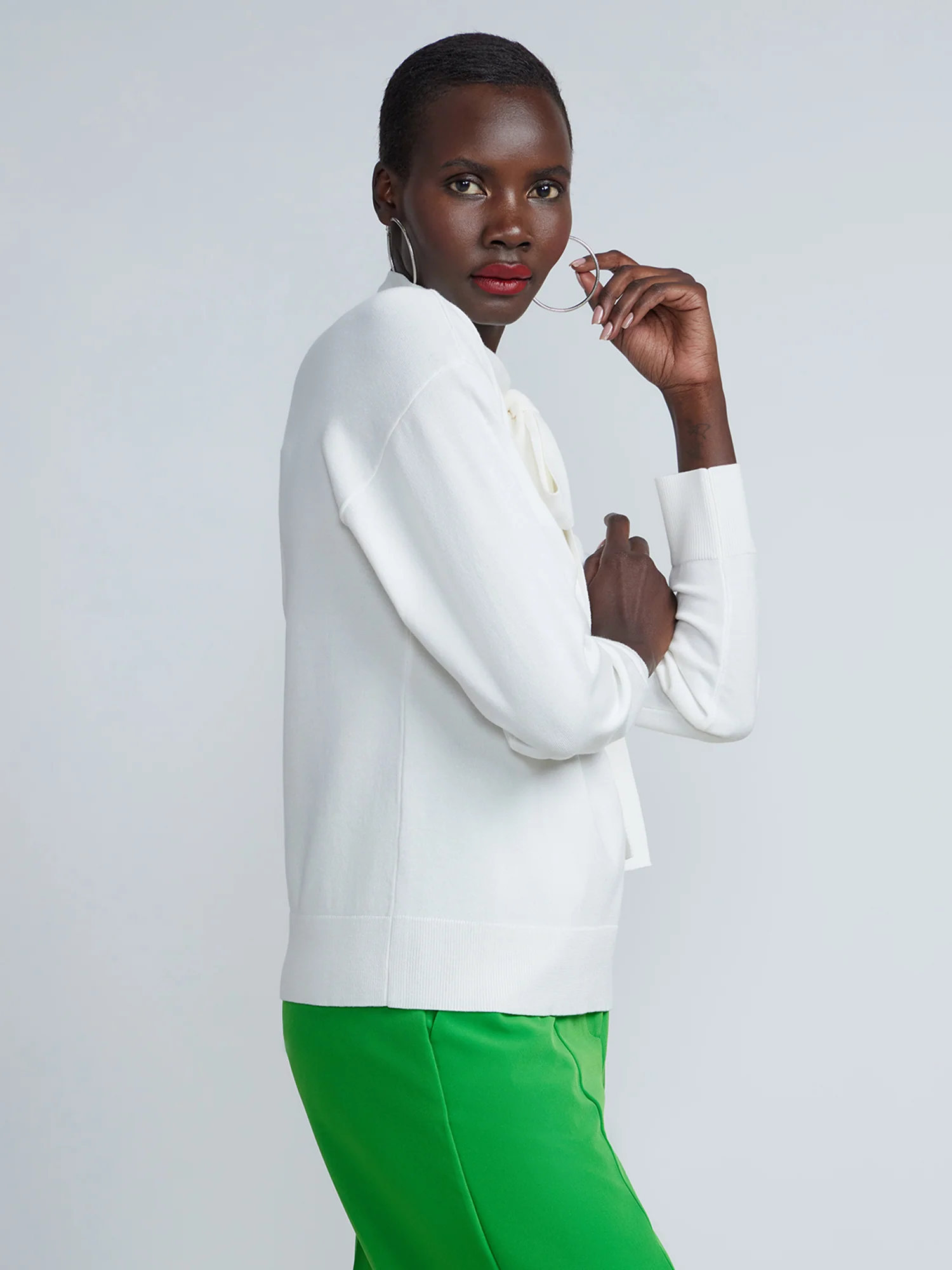 Ribbed Cuff Tie-Neck Pullover - Image 2