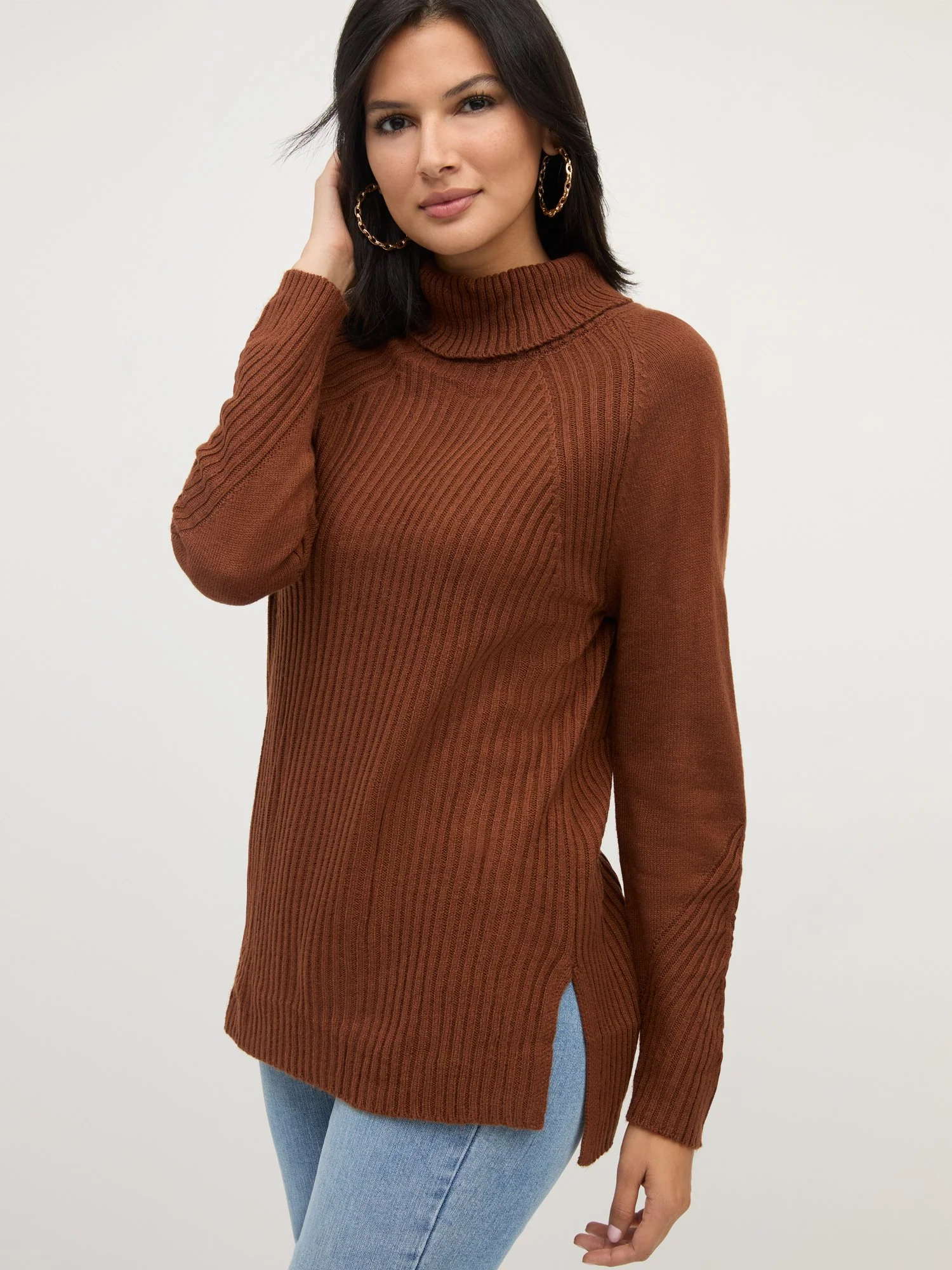 Ribbed High-Low Turtleneck Tunic Sweater - Image 4