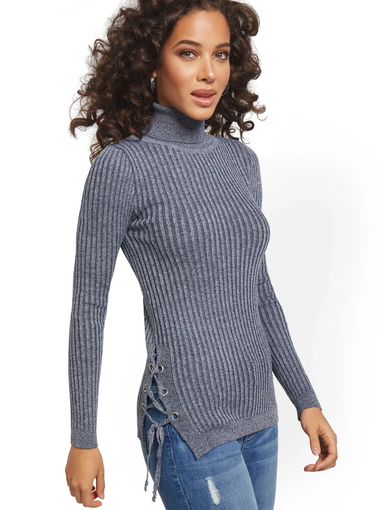 Ribbed Lace-Up Turtleneck Sweater - Image 4
