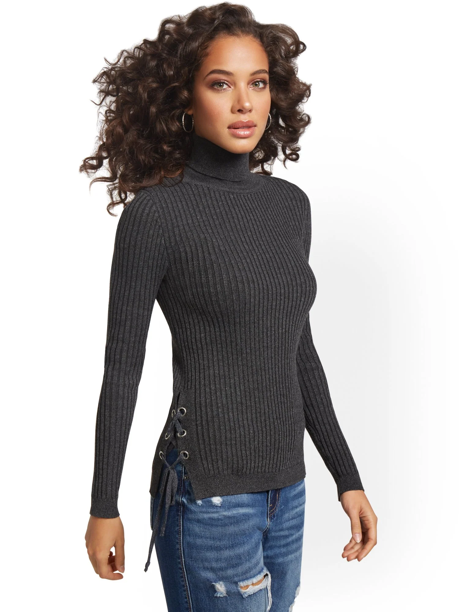 Ribbed Lace-Up Turtleneck Sweater - Image 8