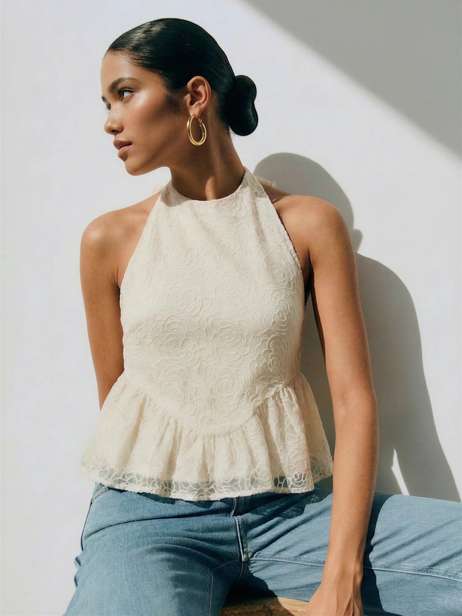 Rose Embroidered Halter Neck Flowy Top