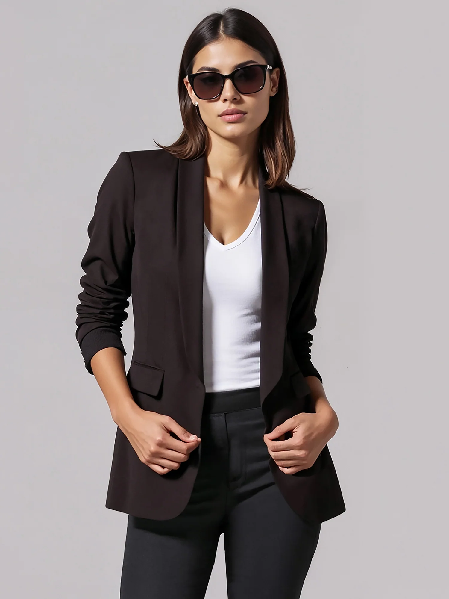 Rouched Sleeves Single Button Blazer
